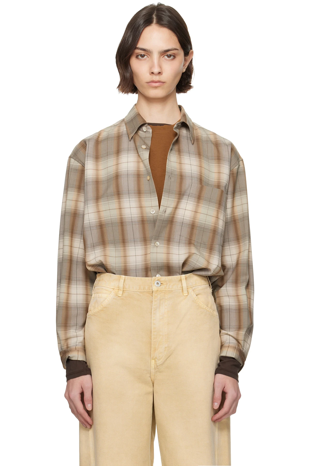 Brown & Gray Super Light Wool Check Shirt