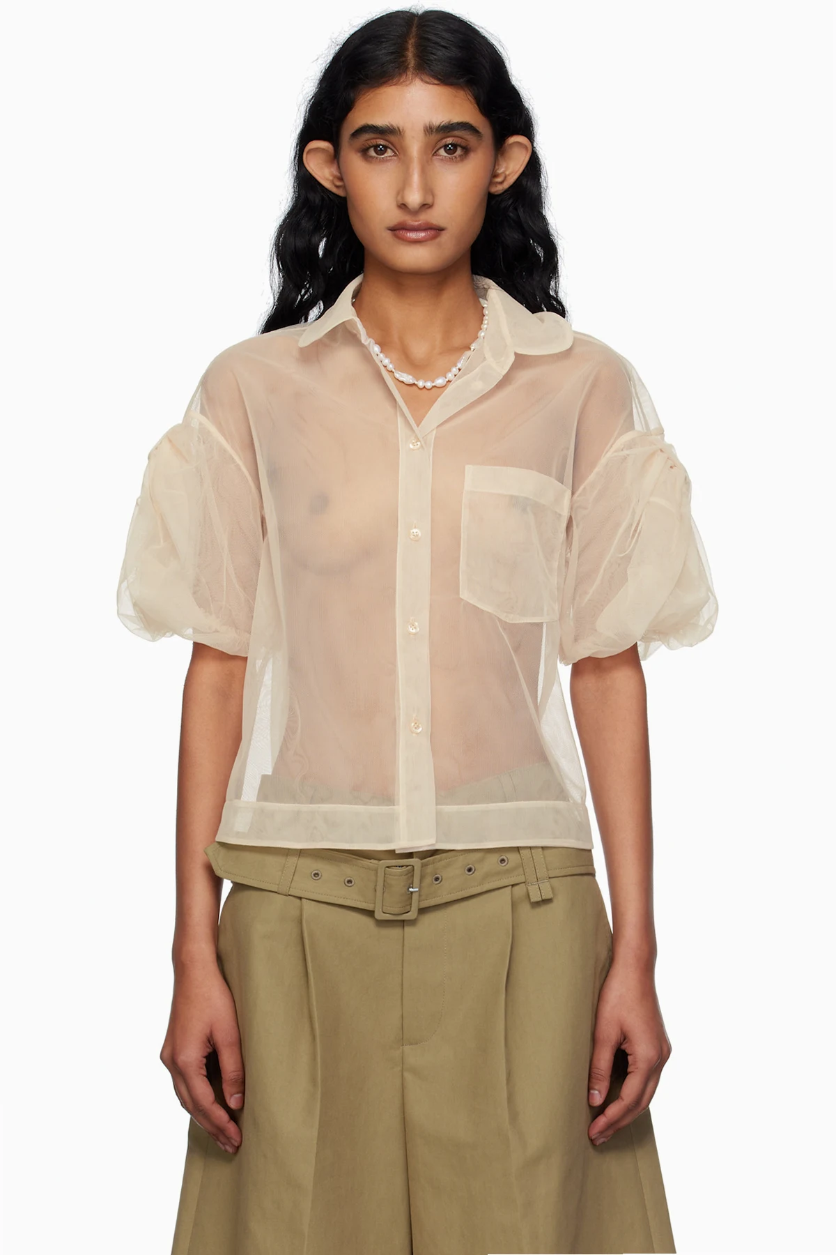 Beige Sheer Cropped Bow Puff Sleeve Shirt