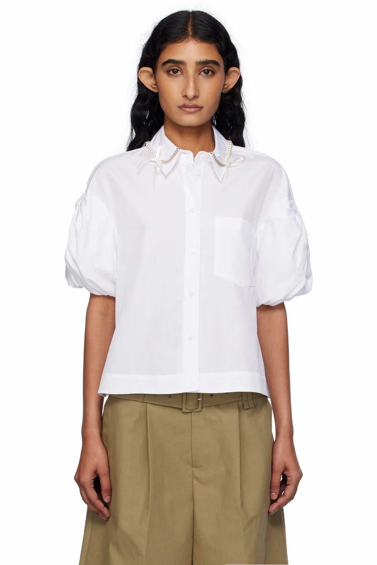 White Cropped Puff Bow Sleeve Shirt