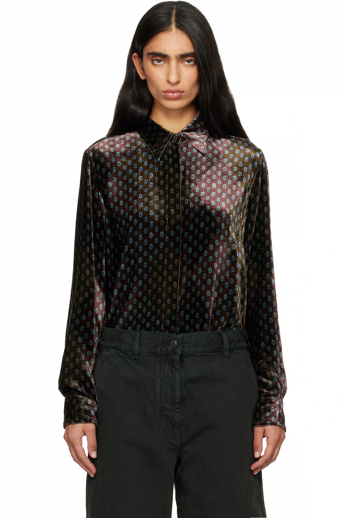 Burgundy & Khaki Printed Velvet Shirt