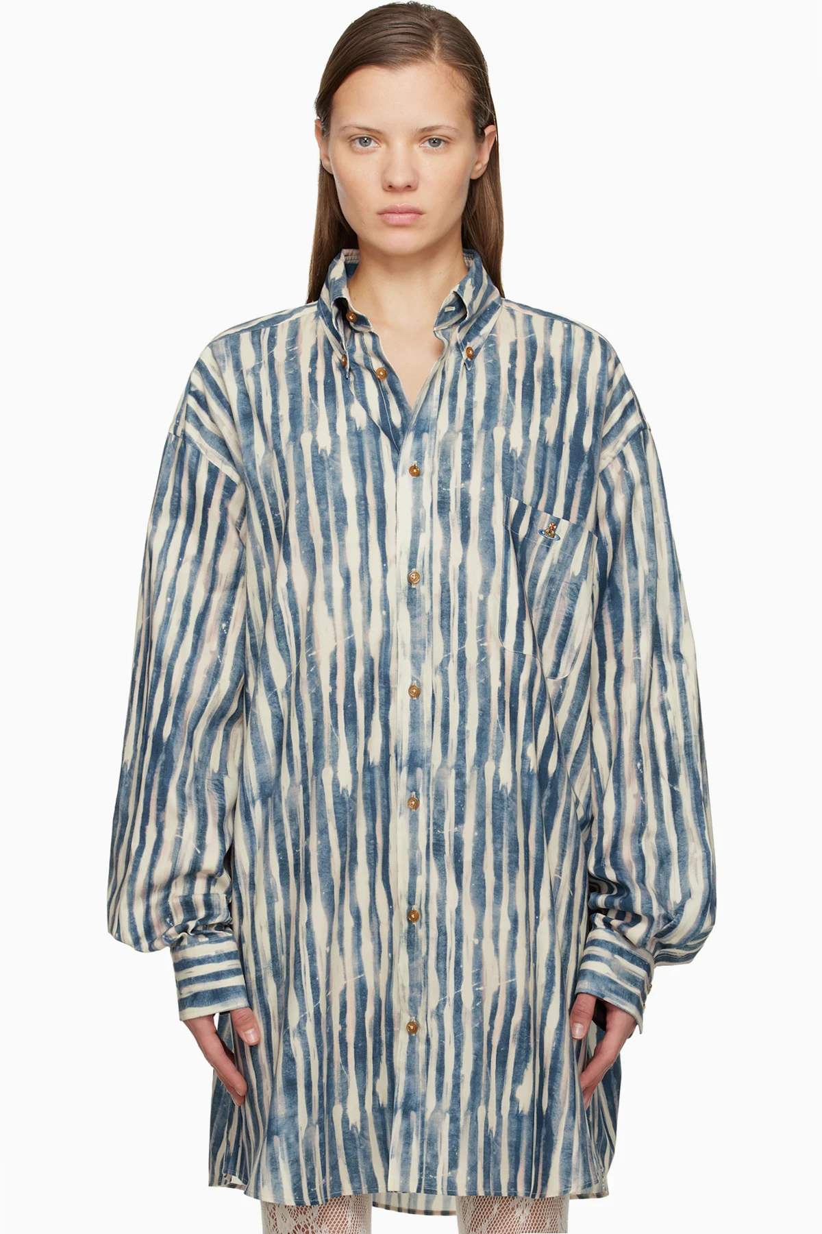 Beige & Blue Cotton Poplin Oversized Shirt