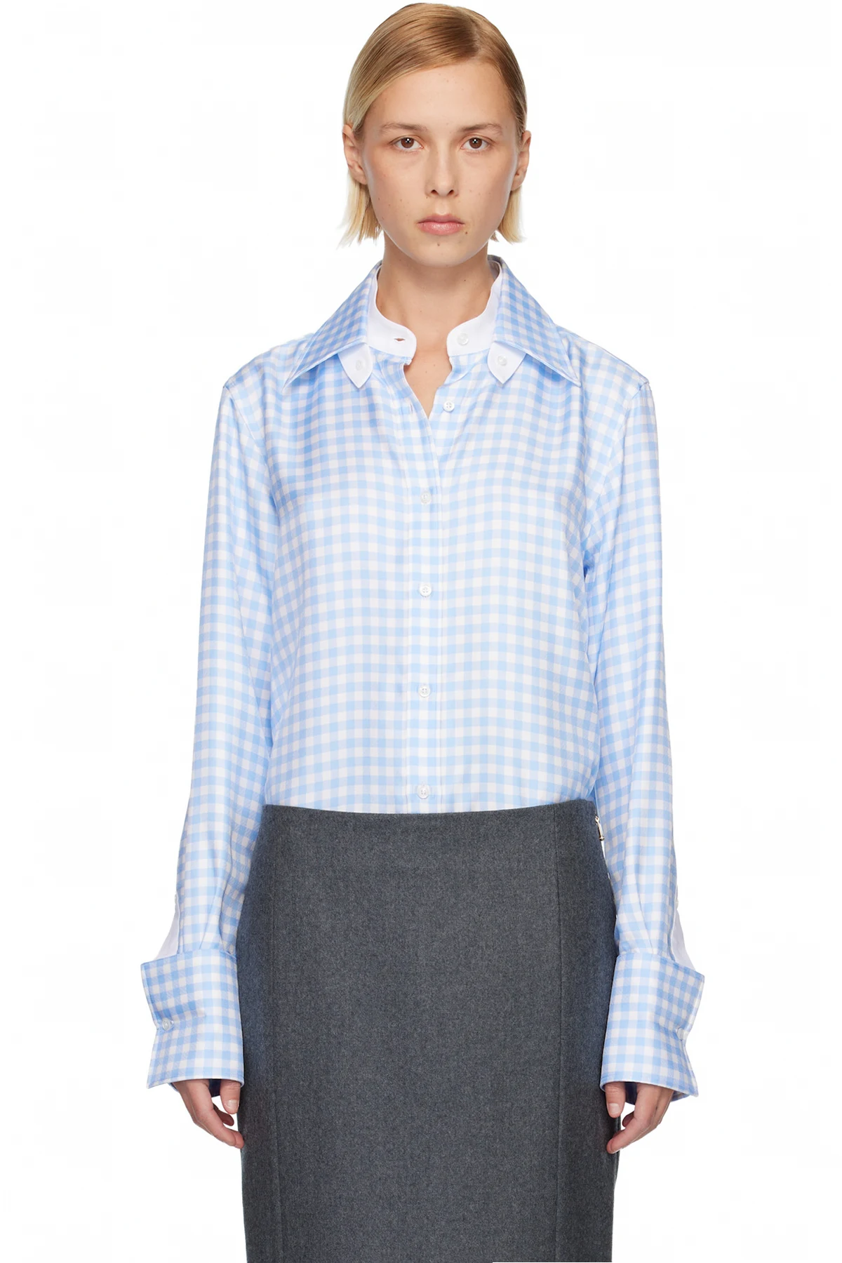 Blue Silk Twill Gingham Shirt