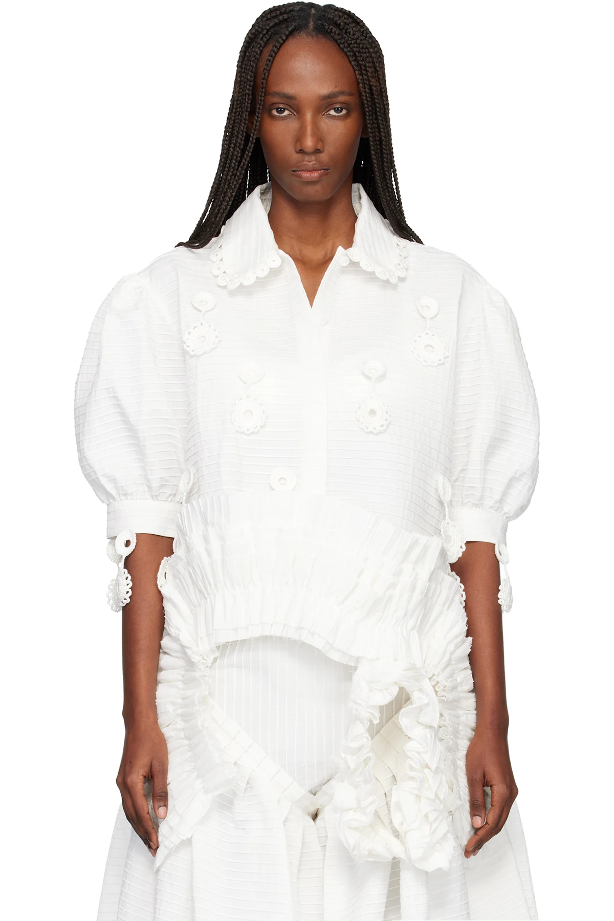 White Iced Crochet And Ivory Pintuck Shirt