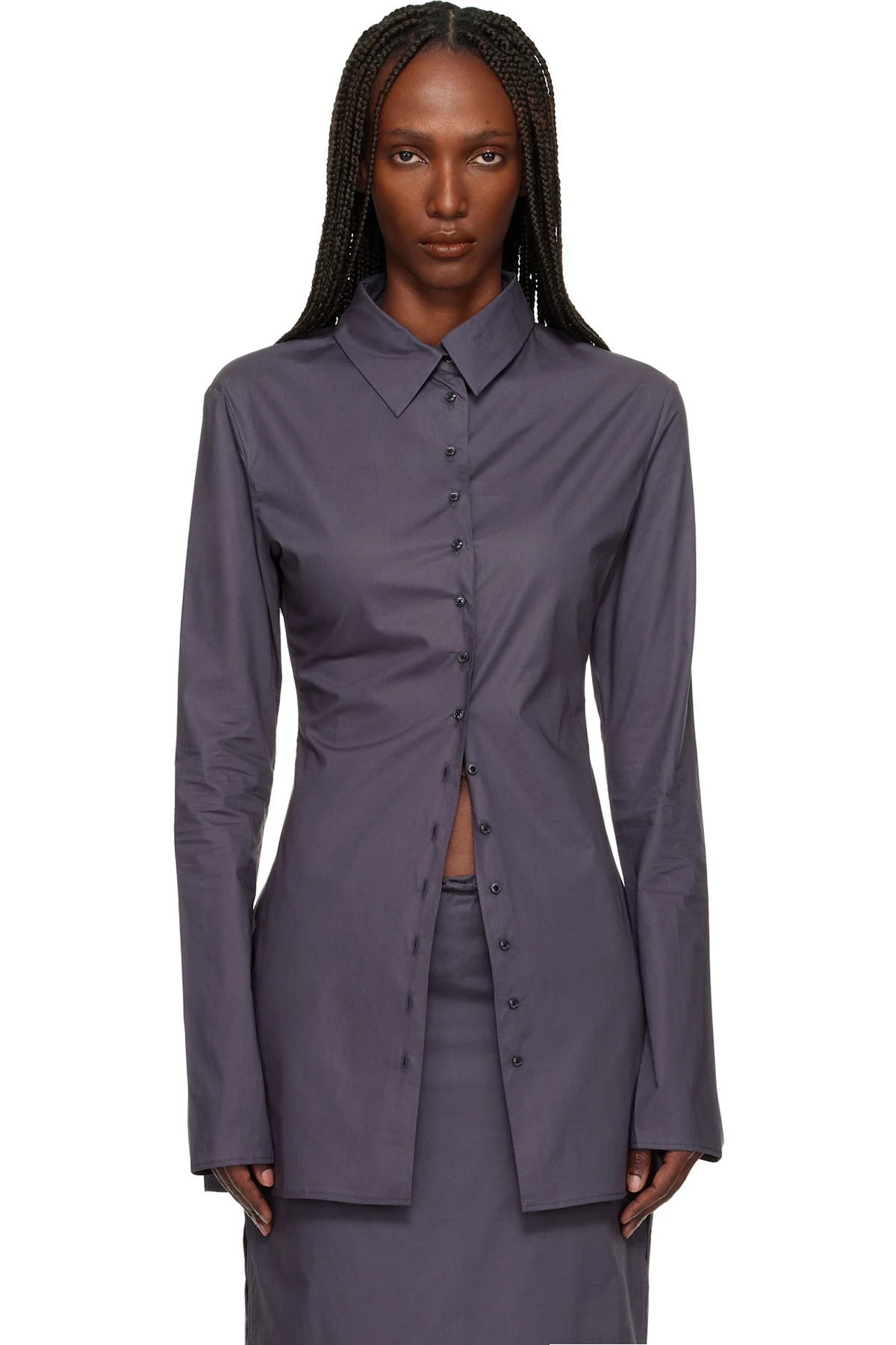 Gray Cotton Poplin Fitted Cuffless Shirt