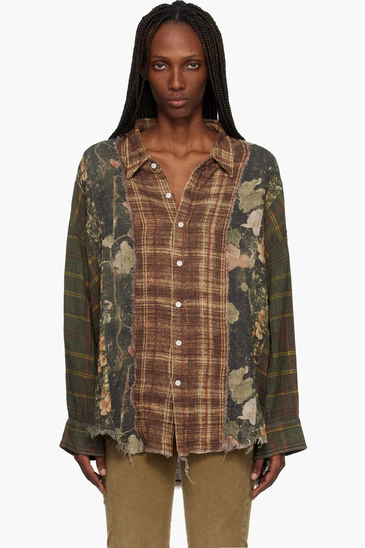 Green & Brown Multi-Strip Drop Neck Shirt