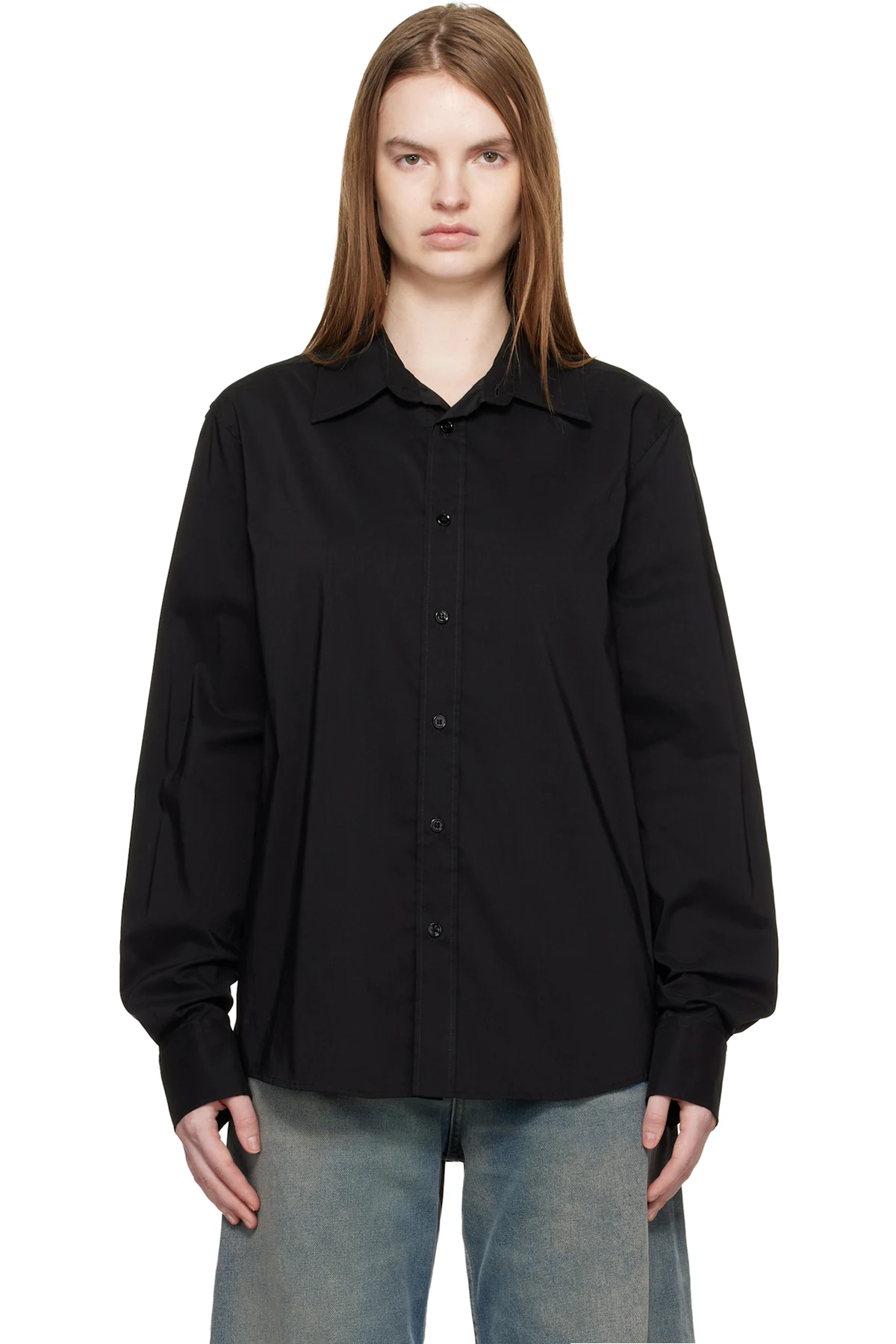 Black Poly Cotton Shirting Long-Sleeved Shirt