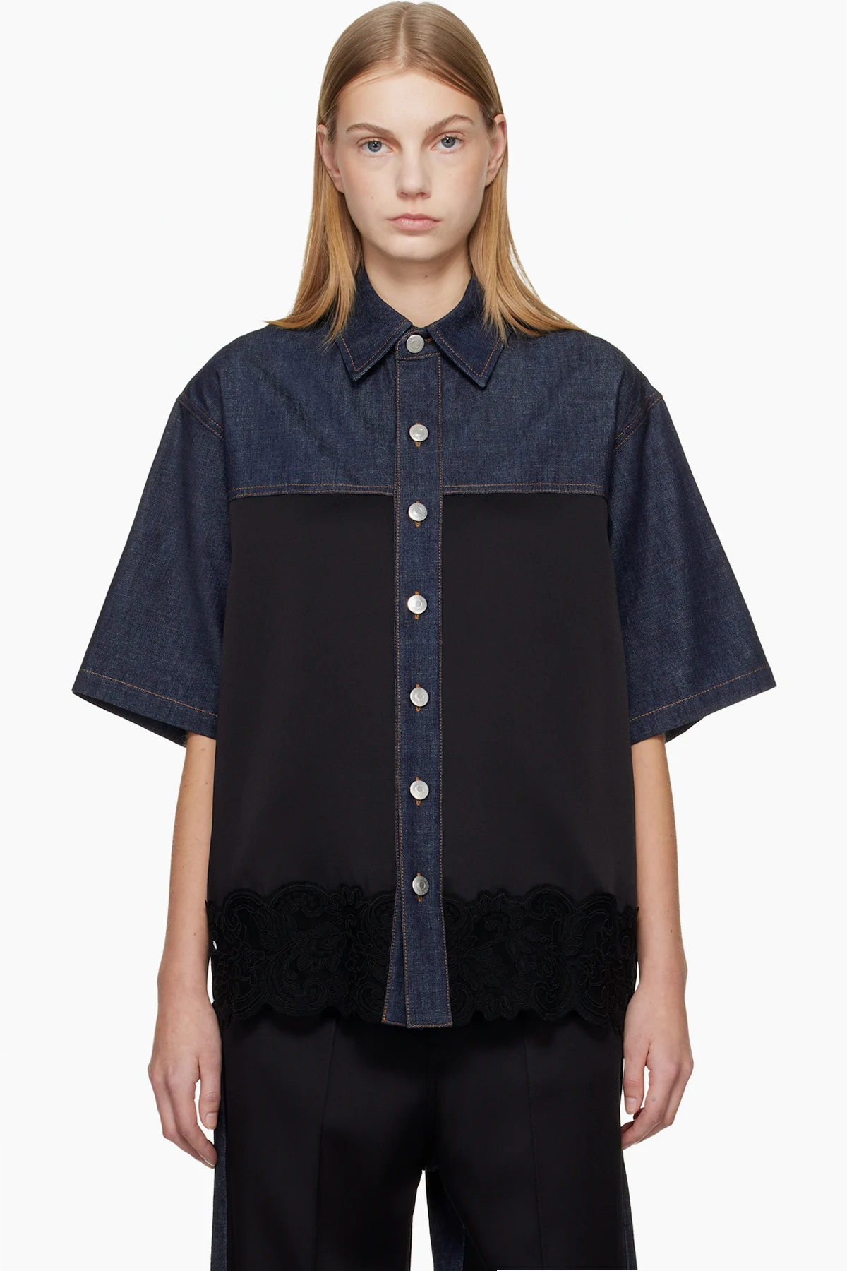Navy & Black Satin Panel Short-Sleeve Denim Shirt