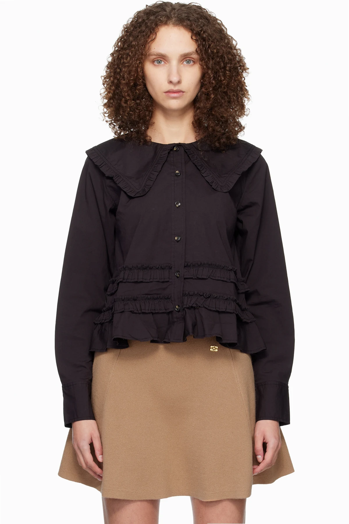 Black Stretch Cotton Ruffle Shirt