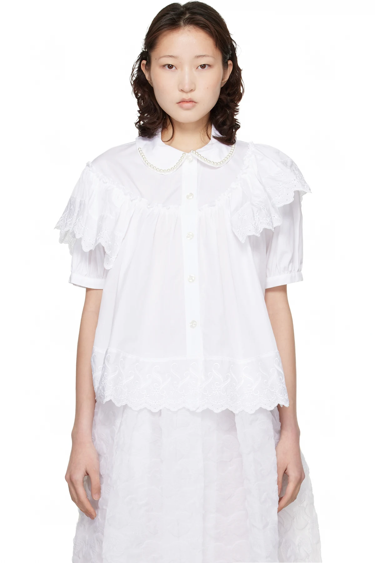 White Cropped Puff Sleeve Ruffle Frill Shirt