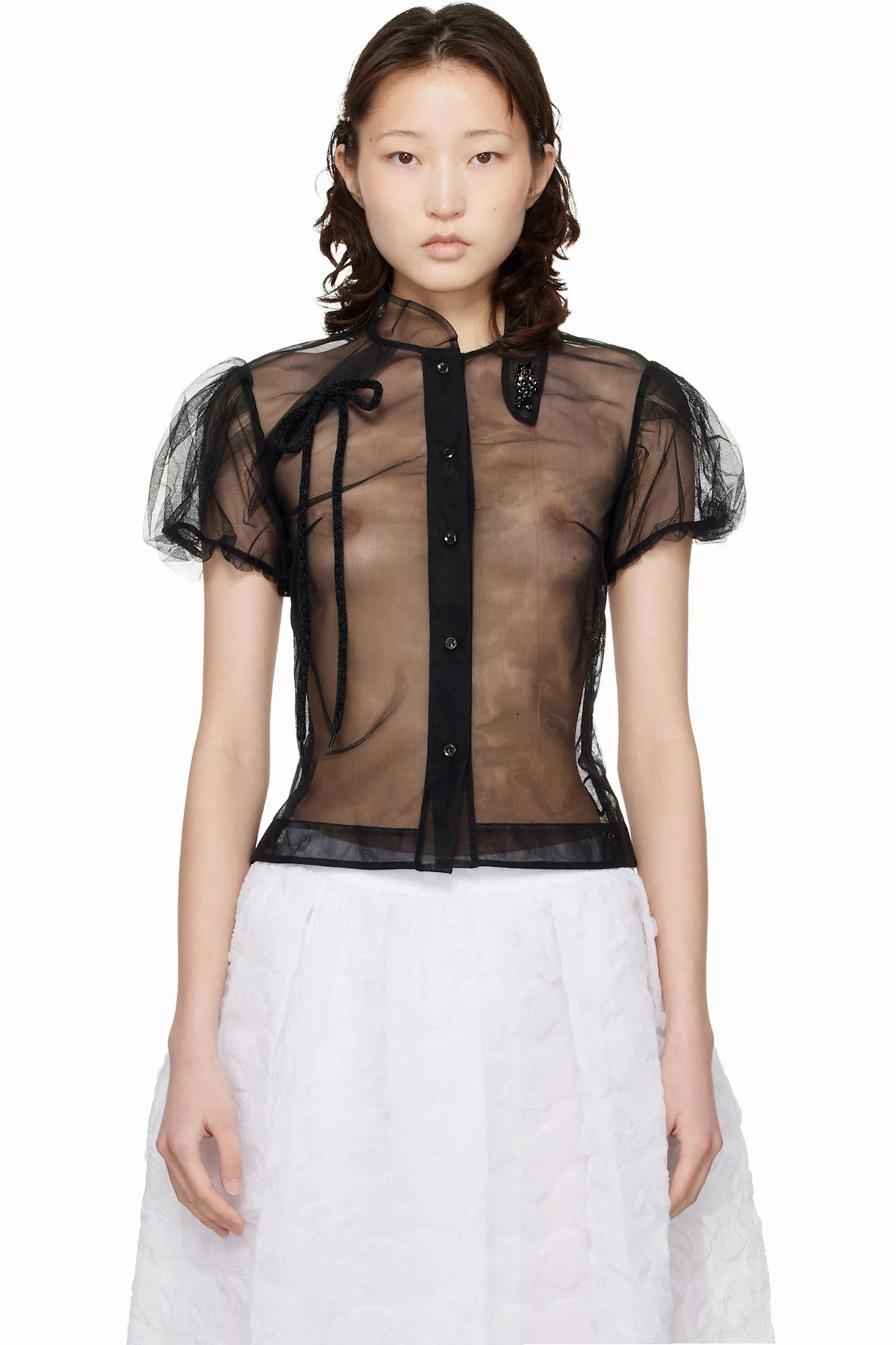 Black Embellished Sheer Offset Fragment Collar Shirt