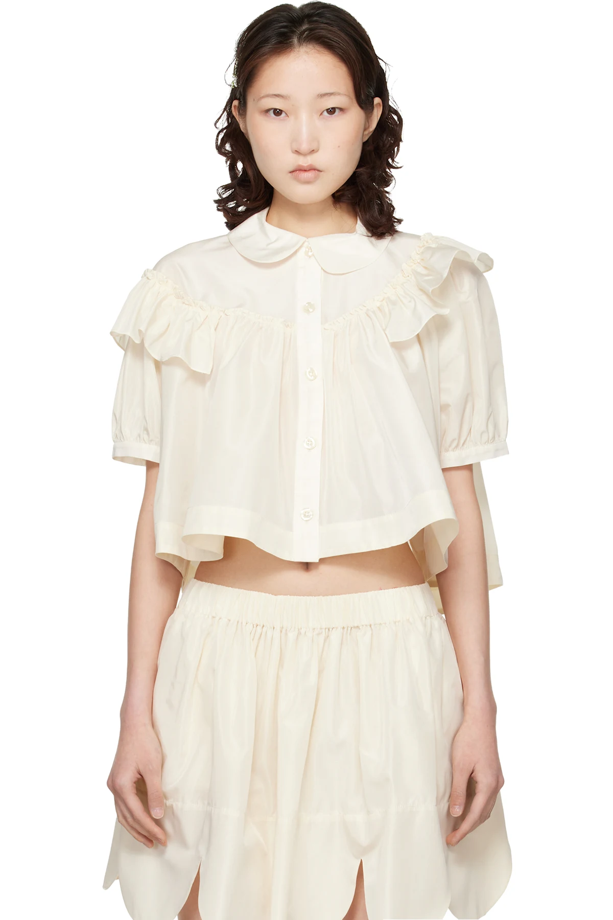 Off-White Cropped Puff Sleeve Ruffle Frill Shirt
