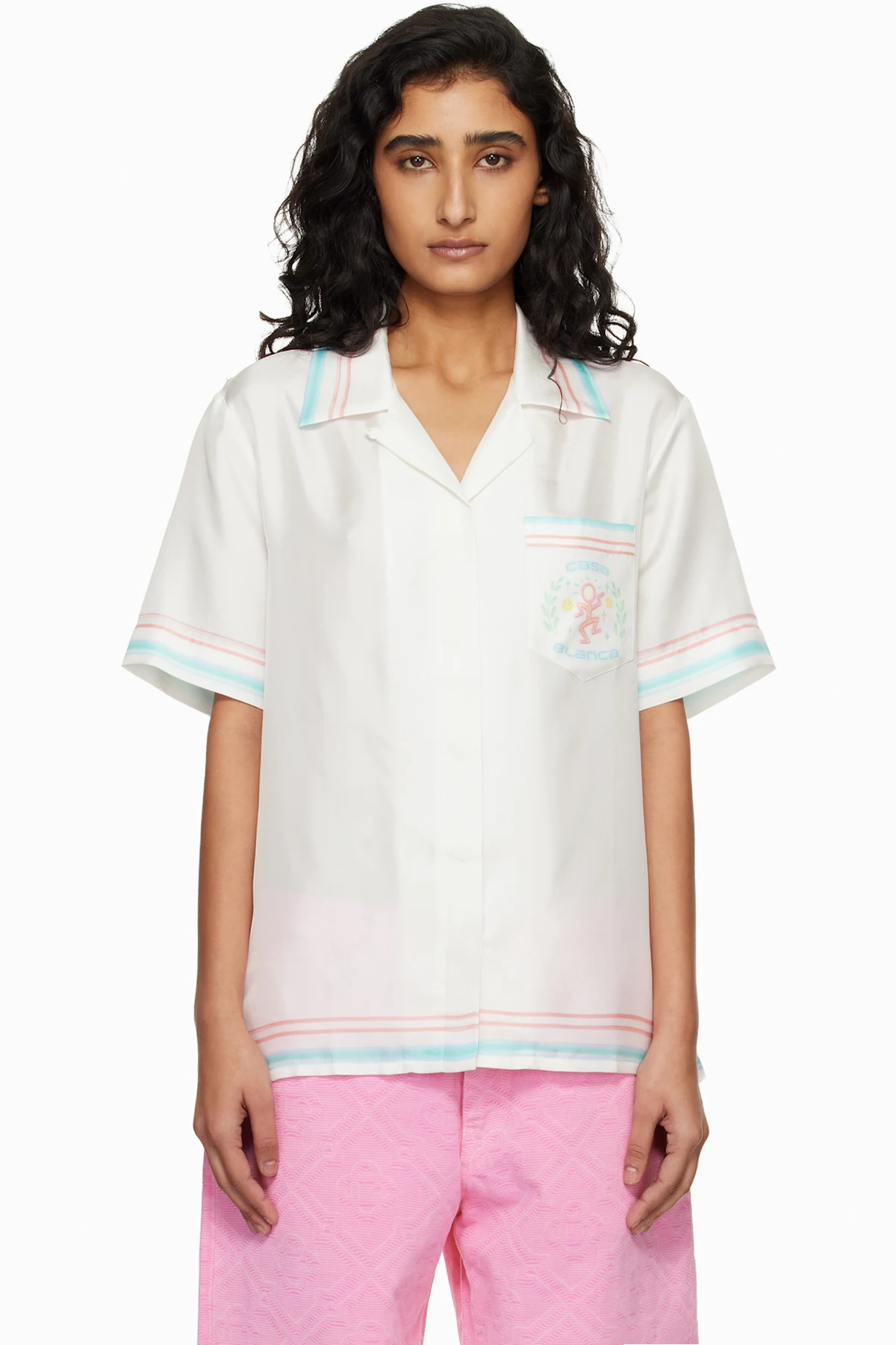 White Dance Joy Cuban Collar Short Sleeve Shirt