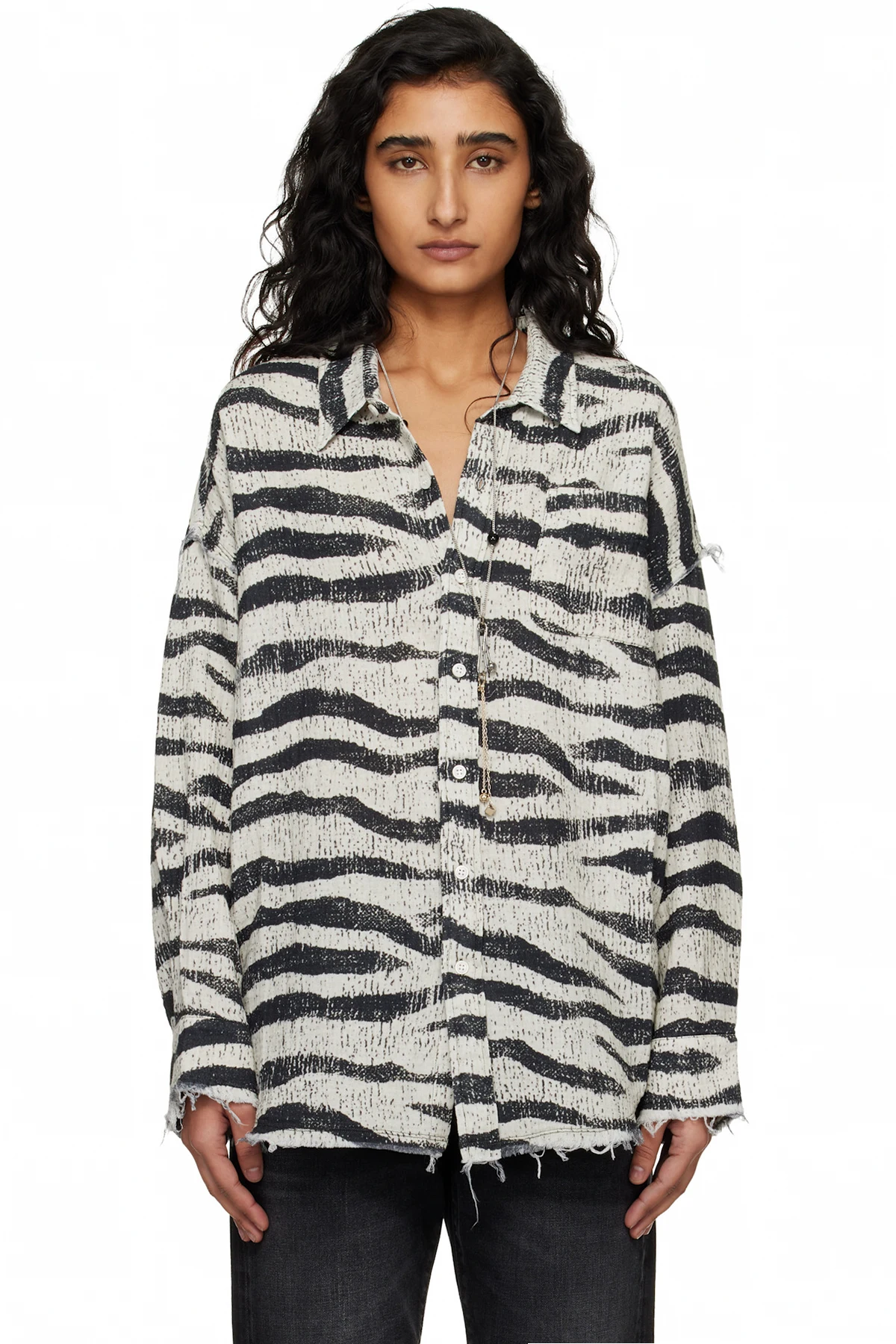 Black & White Shredded Seam Drop Neck Shirt