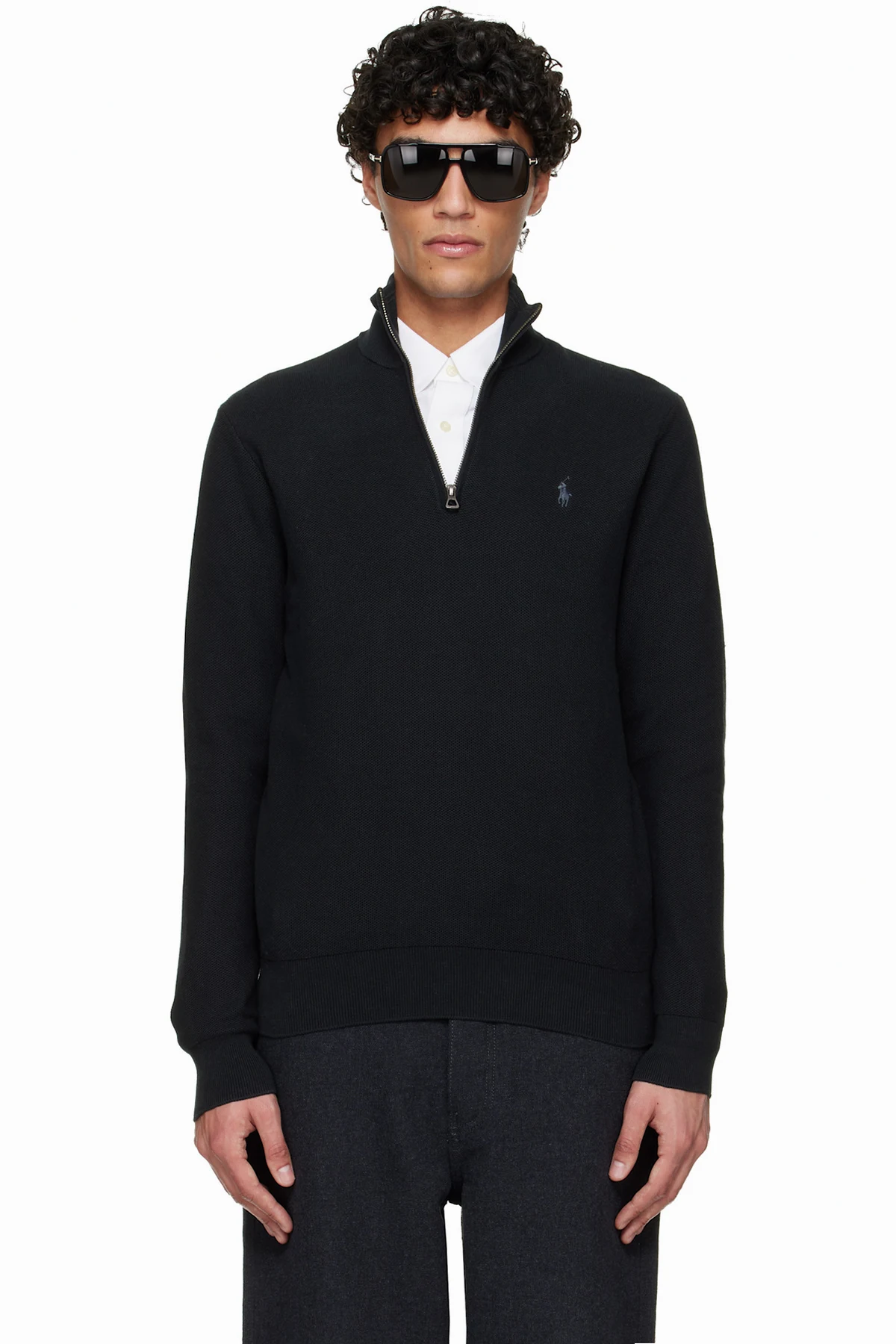 Black Mesh-Knit Cotton Quarter-Zip Jacket