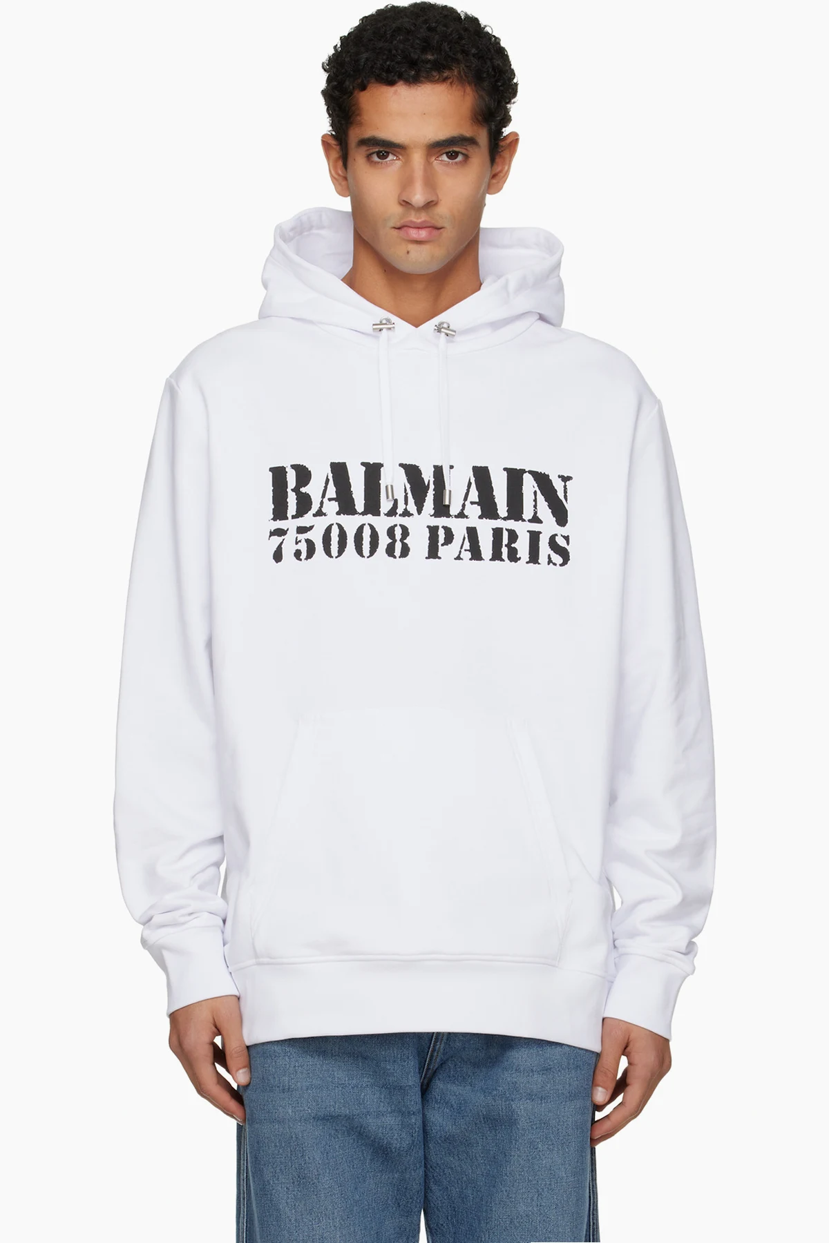 White 'Balmain' Stamp Printed Hoodie