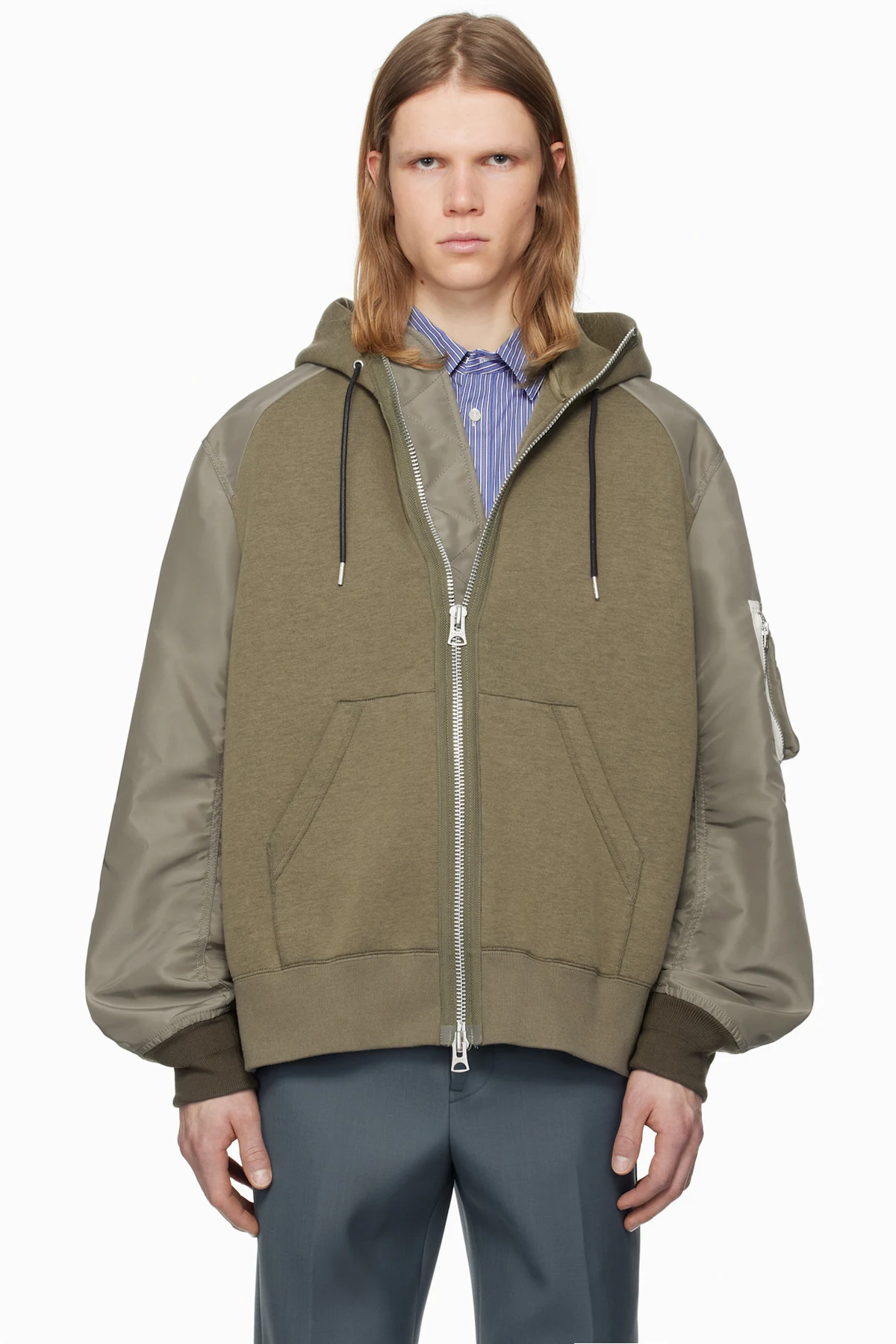 Taupe Sponge Sweat x Nylon Twill Hoodie