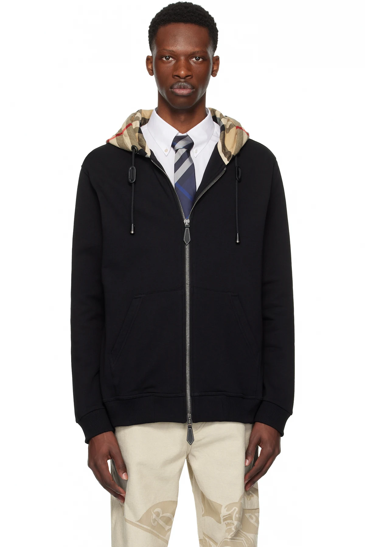 Black Check Hood Cotton Zip Hoodie