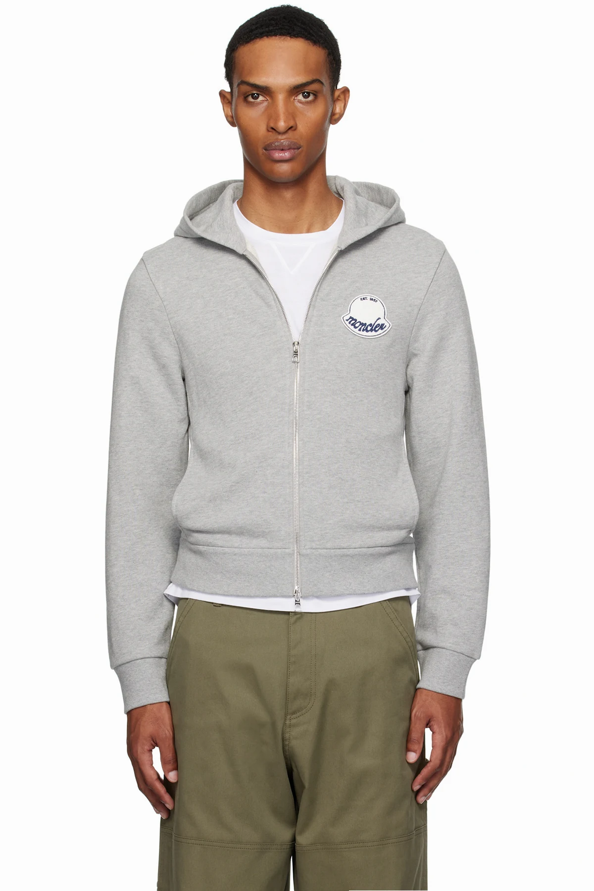 Gray Logo Cotton Zip-Up Hoodie