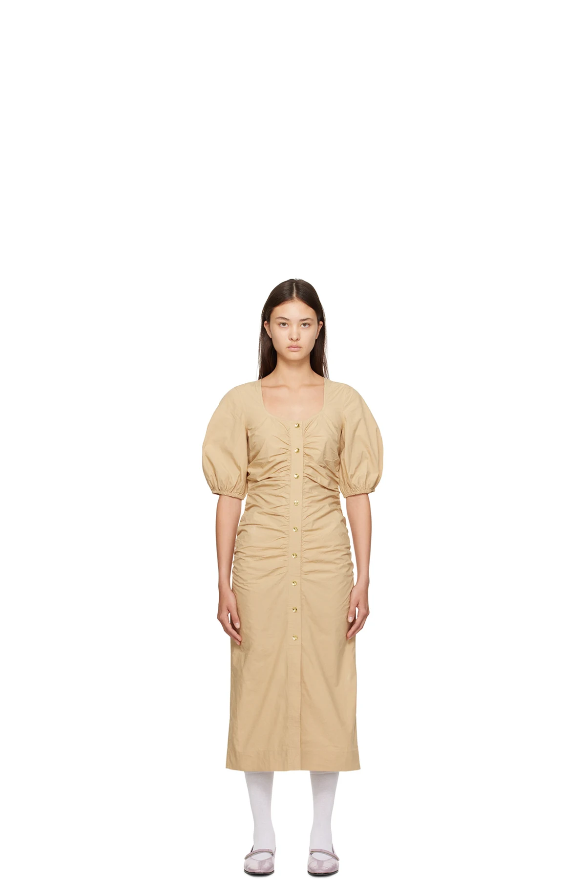 Beige Gathered Maxi Dress