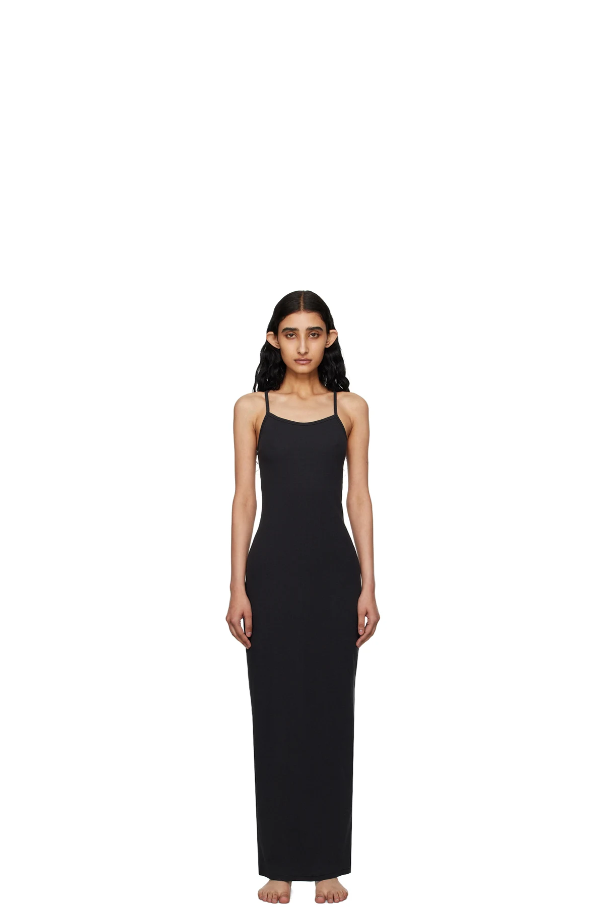 Black Cotton Rib Long Cami Maxi Dress