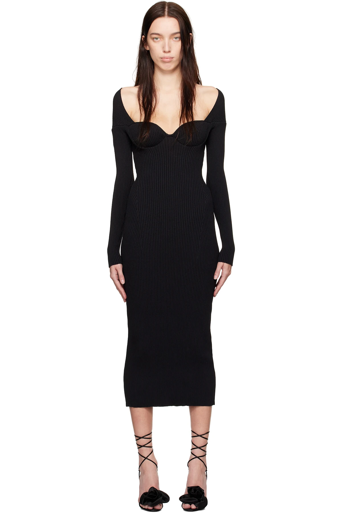 Black Rib-Knit Bustier Maxi Dress