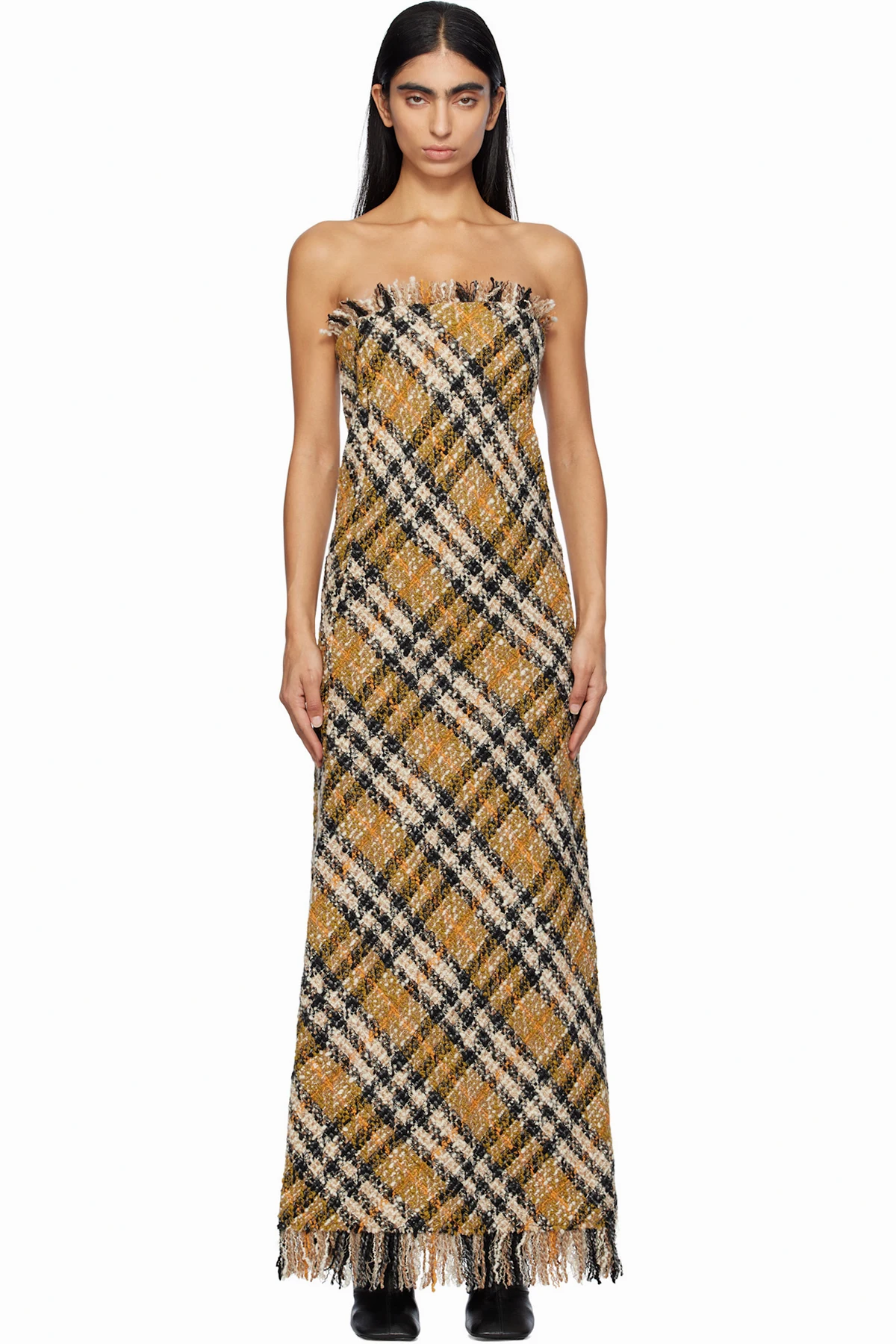 Beige Check Wool Maxi Dress