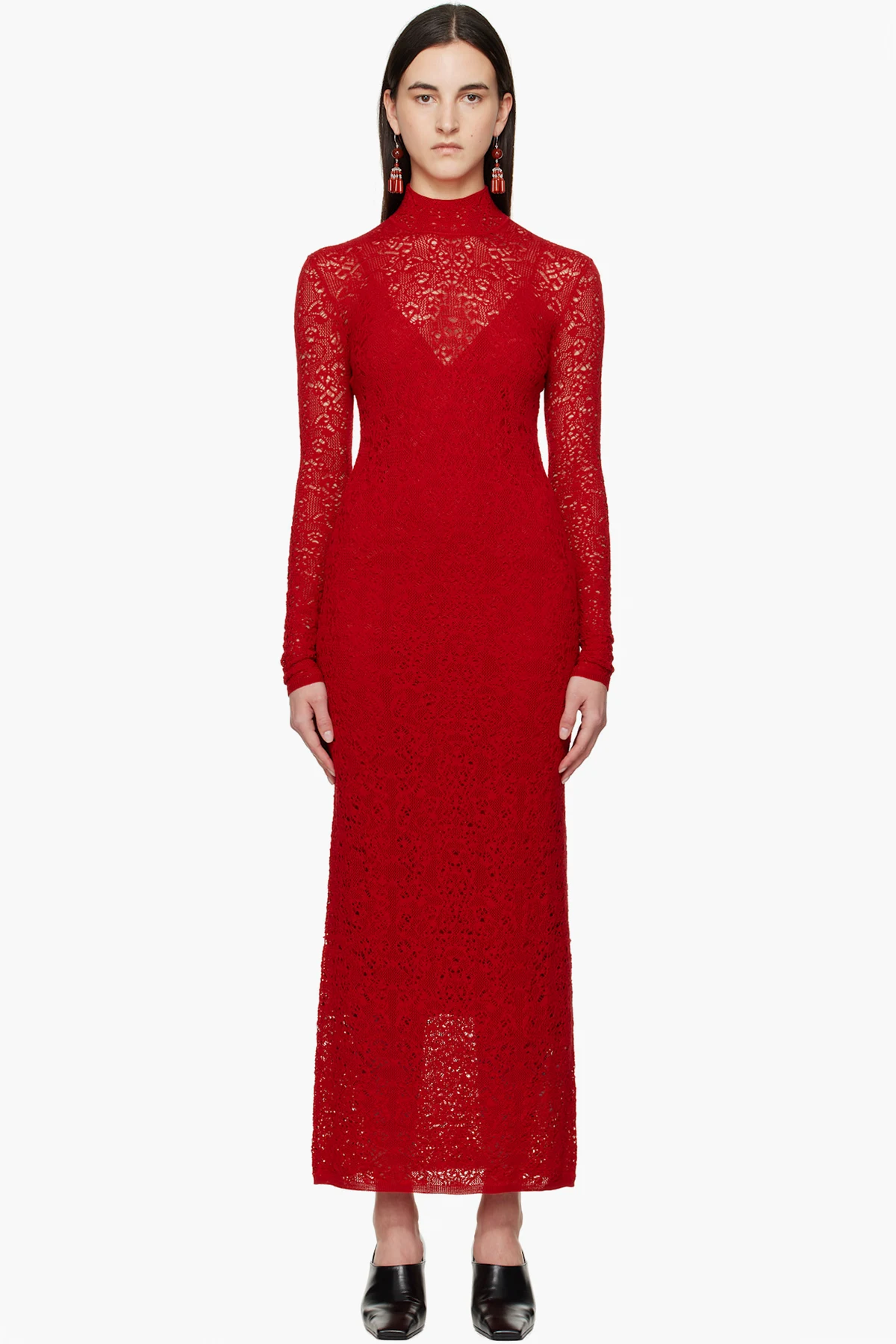 Red Lethe Pointelle Knit Maxi Dress