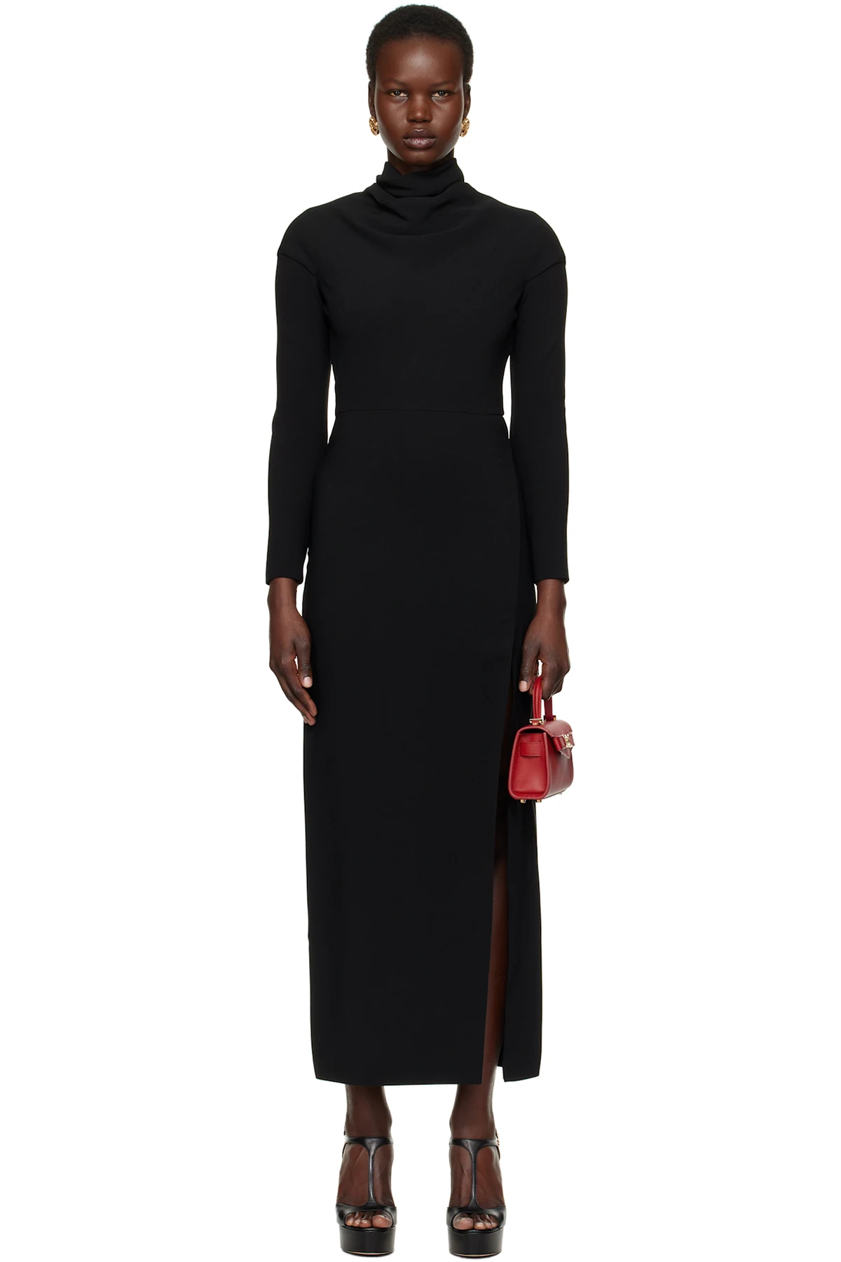 Black Cady Draped-Neck Slit Maxi Dress