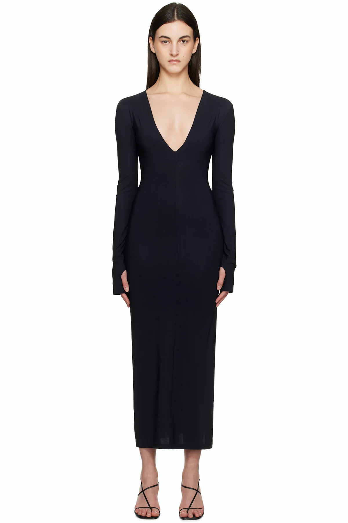 Black Lycra Jersey Pluge Maxi Dress