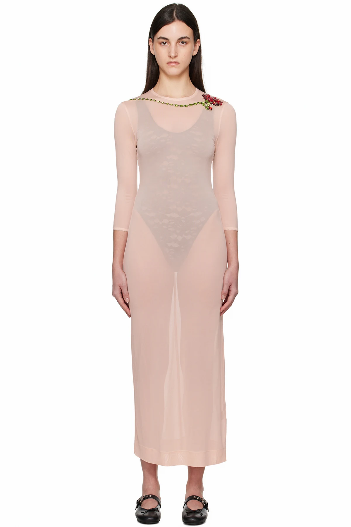 Pink Fitted Ballet Mesh Column Maxi Dress