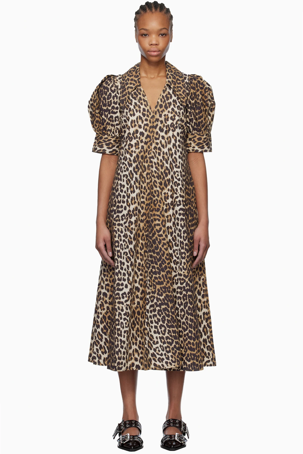 Brown Leopard Cotton Poplin V-Neck Maxi Dress