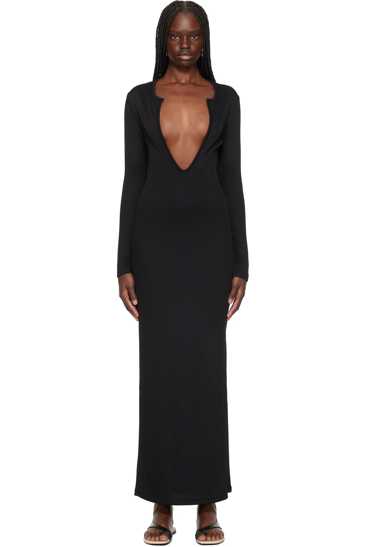 Black Concave Long Sleeve Rib Maxi Dress