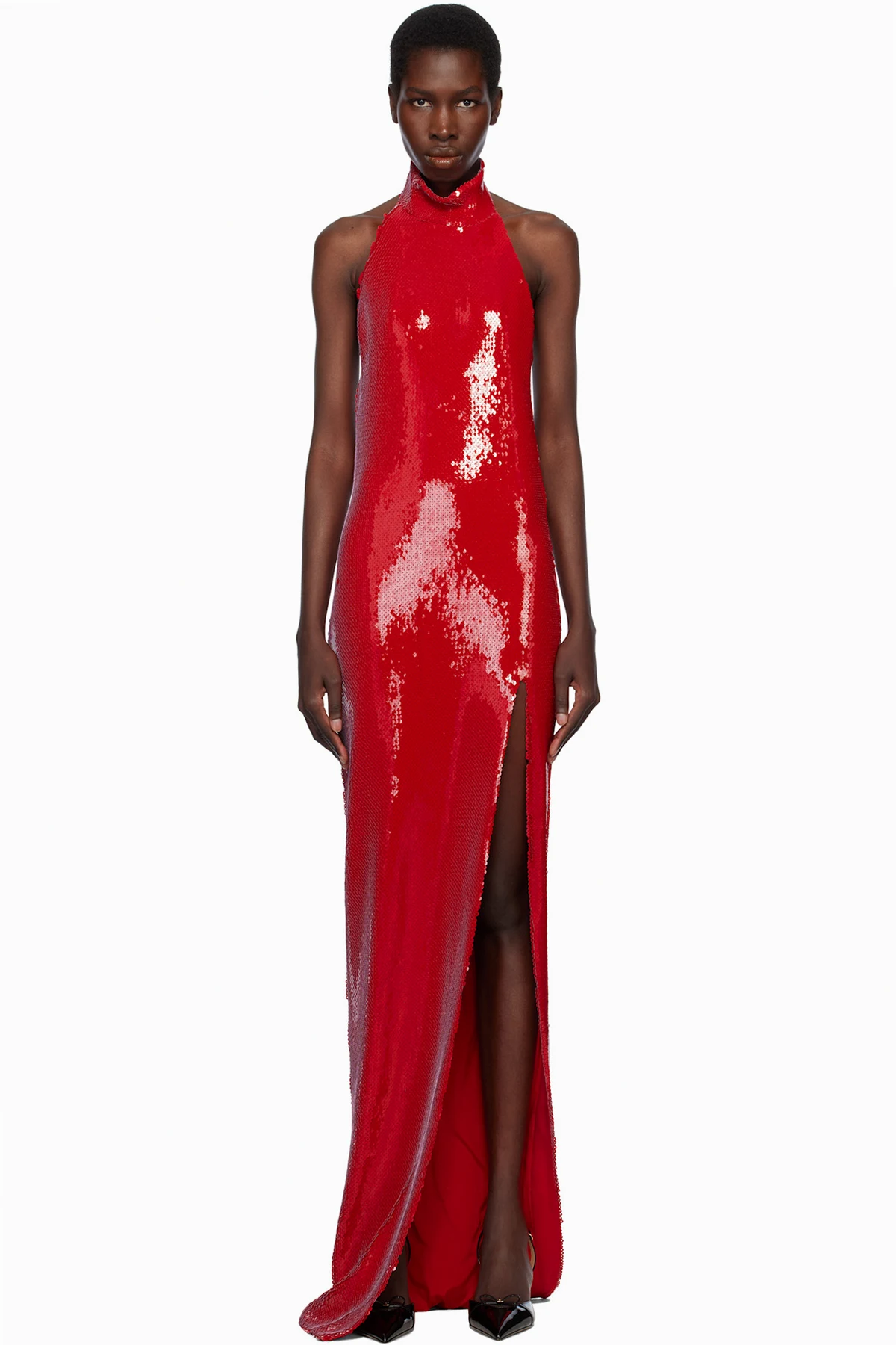 Red Long Sequin Halterneck Maxi Dress