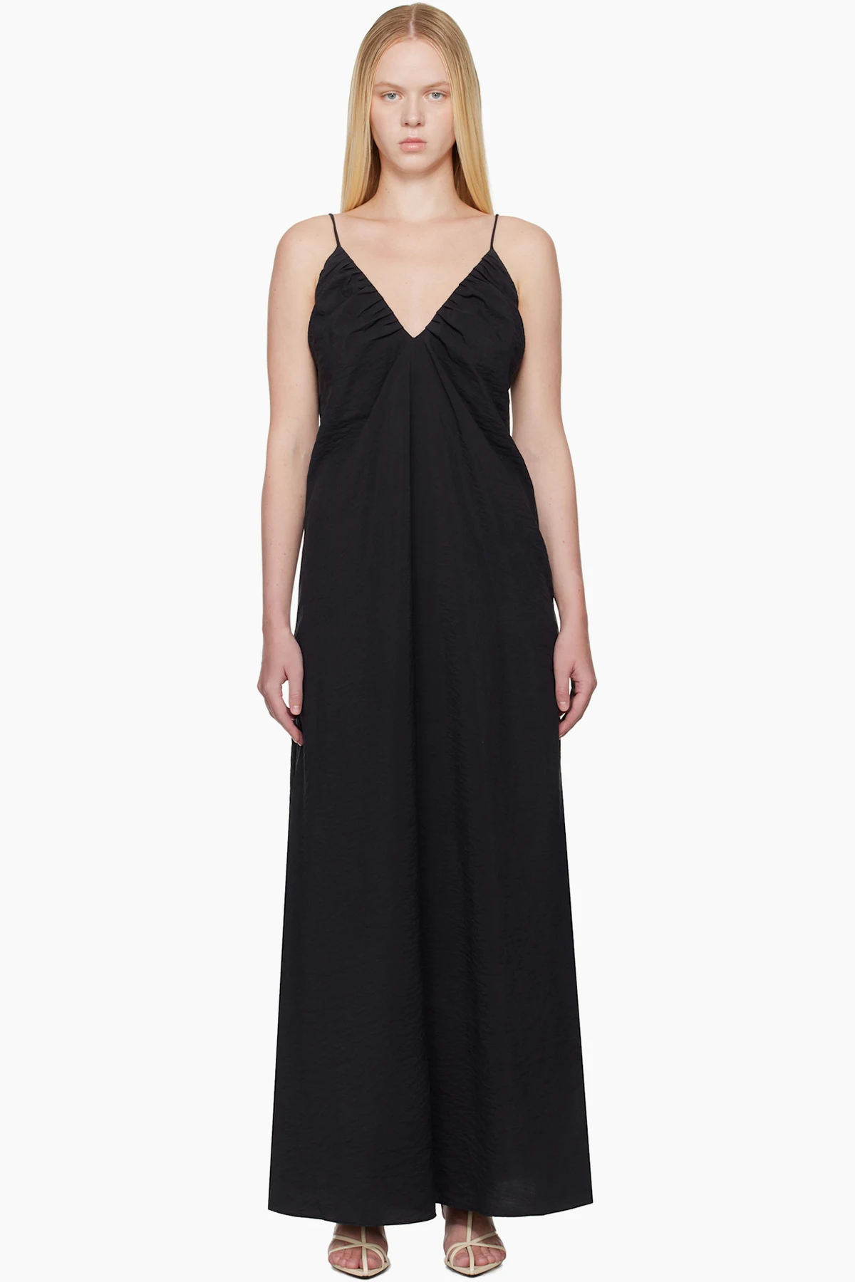 Black Hammered Silk V-Neck Strap Maxi Dress