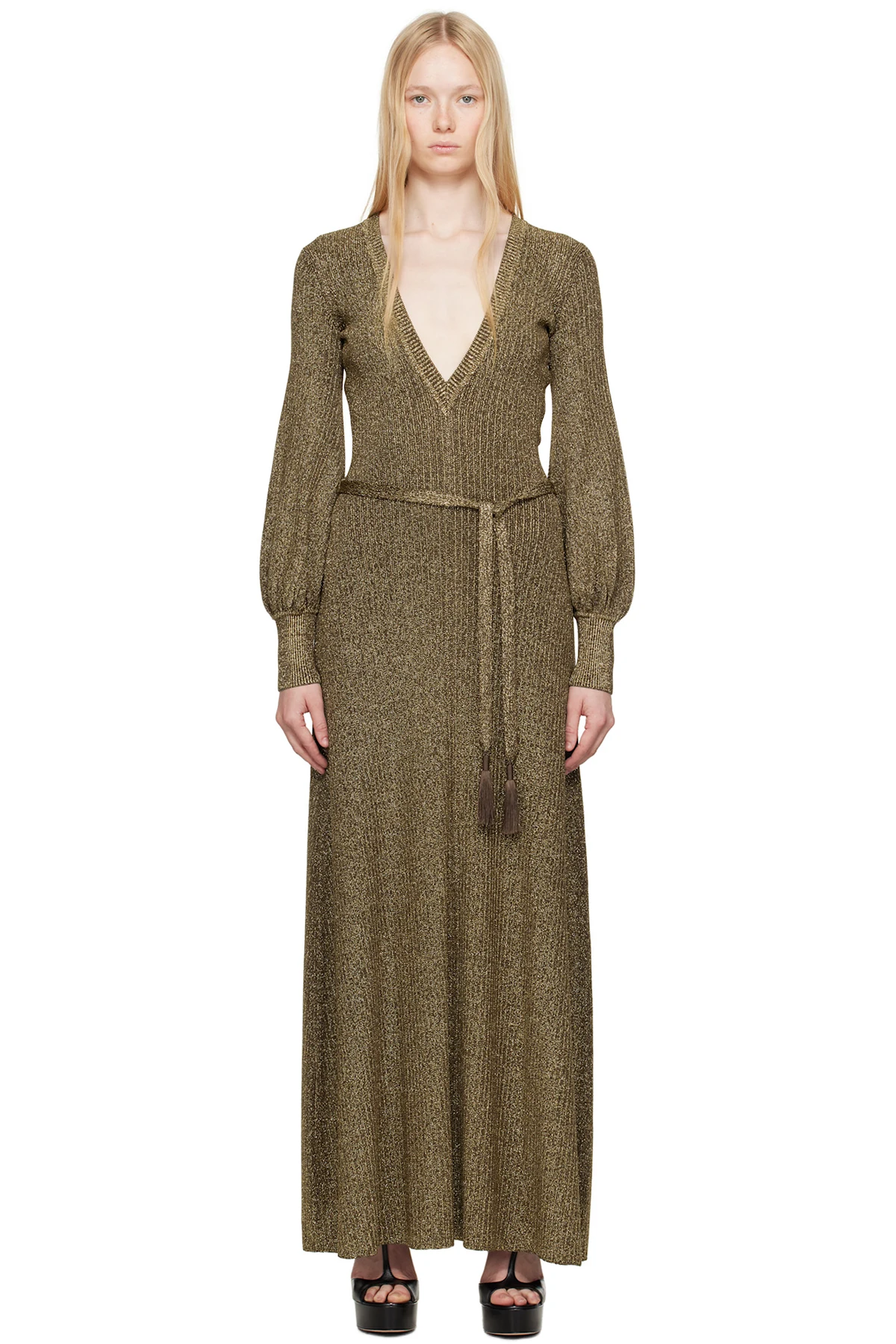 Gold & Brown Long V-Neck Open Back Maxi Dress