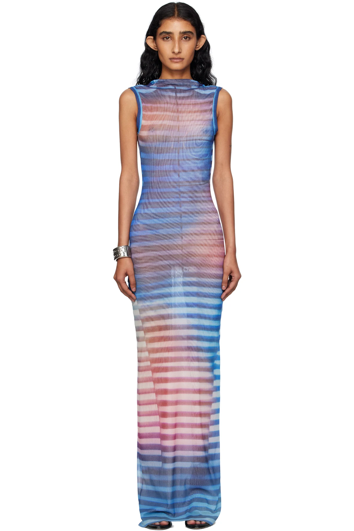 Blue & Pink High Neck Open Back Printed Air Maxi Dress