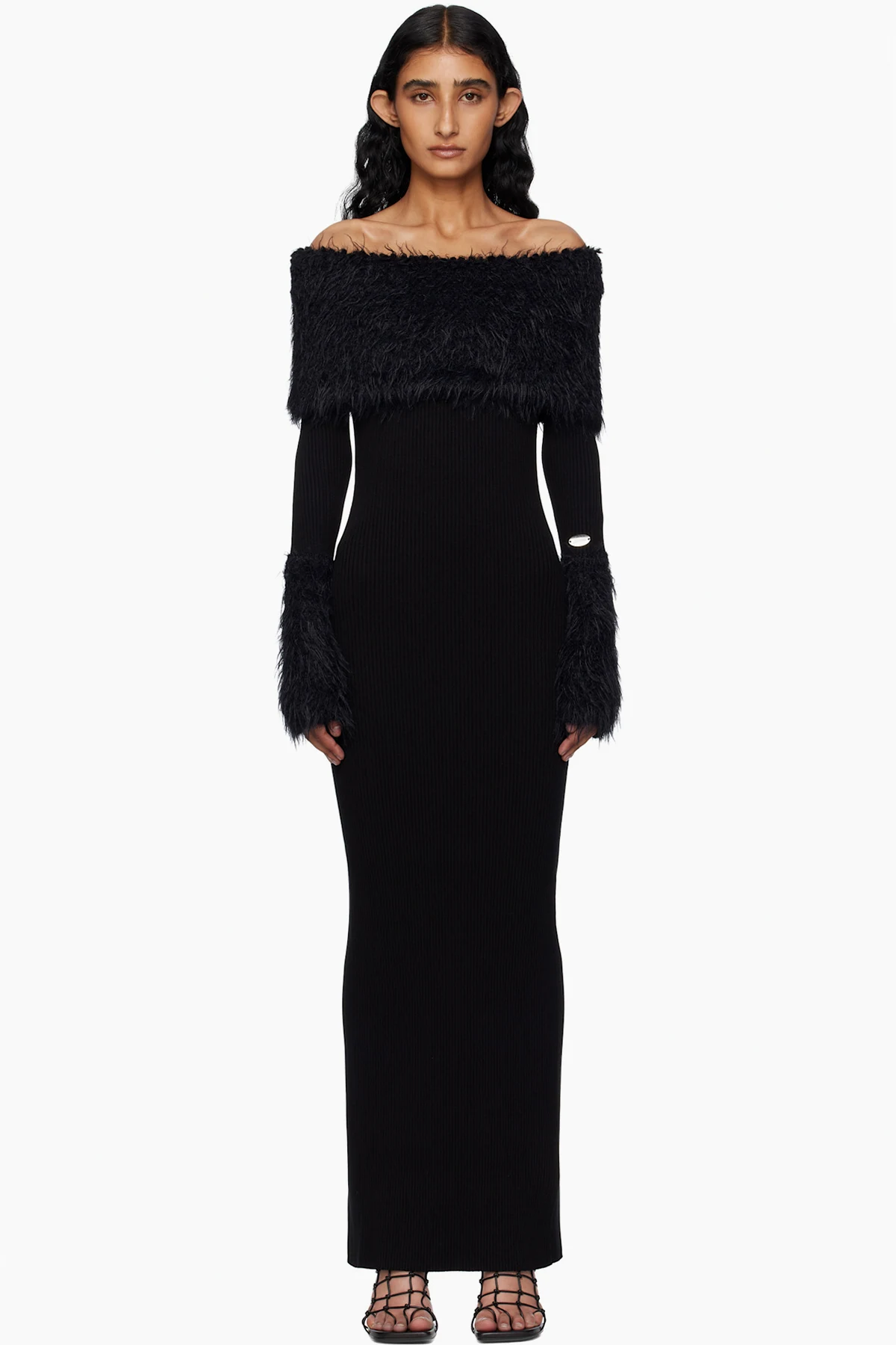 Black Viscose Ribbed & Hairy Maxi Dress