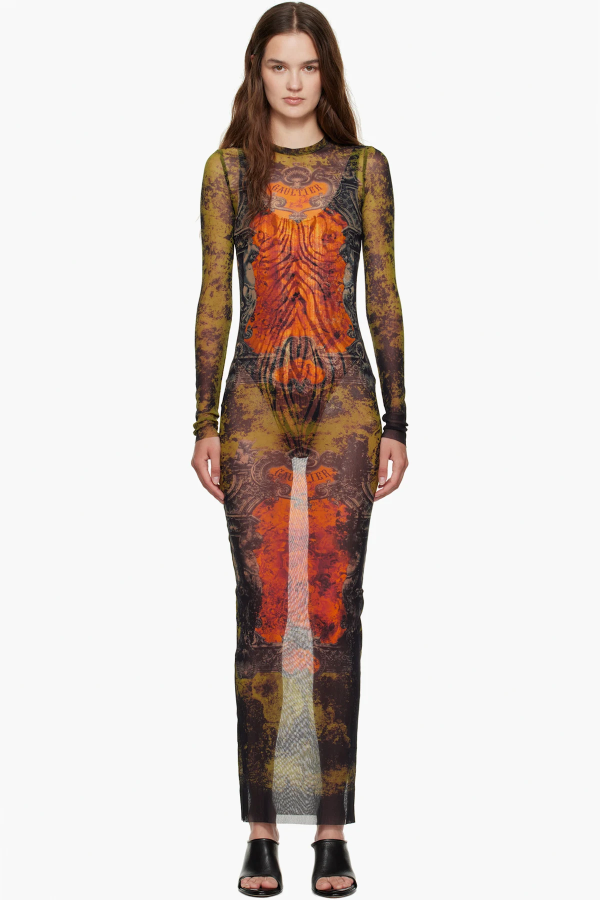 Khaki & Orange 'The Long Médaillon' Maxi Dress