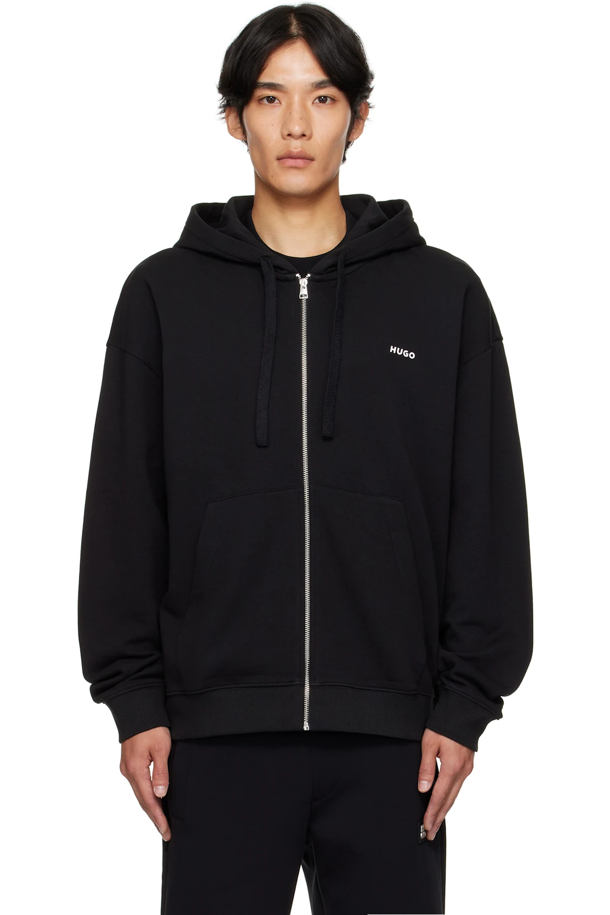 Black Relaxed-Fit Cotton Terry Zip-Up Hoodie