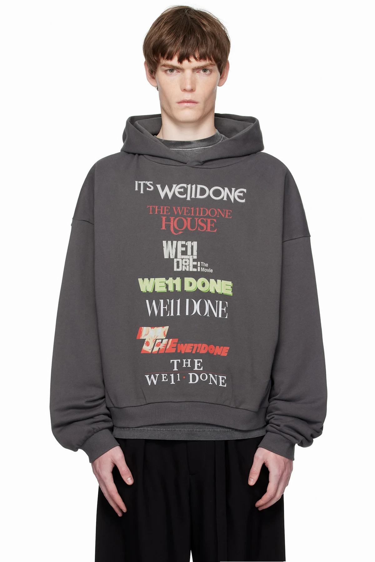 Gray Multi Logo Print Hoodie