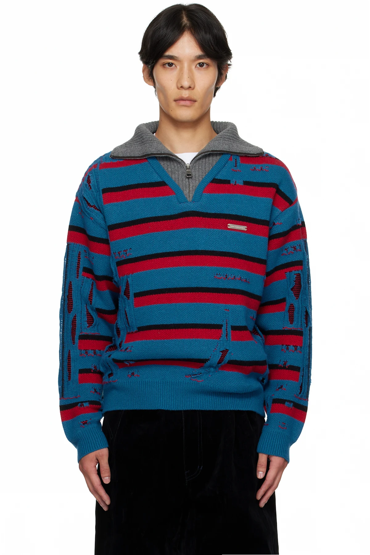 Blue & Red Stripe Jacquard Half Zip Sweater