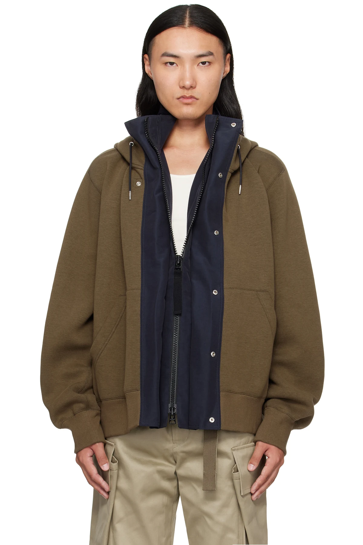 Khaki & Navy Sponge Sweat & Grosgrain Hoodie