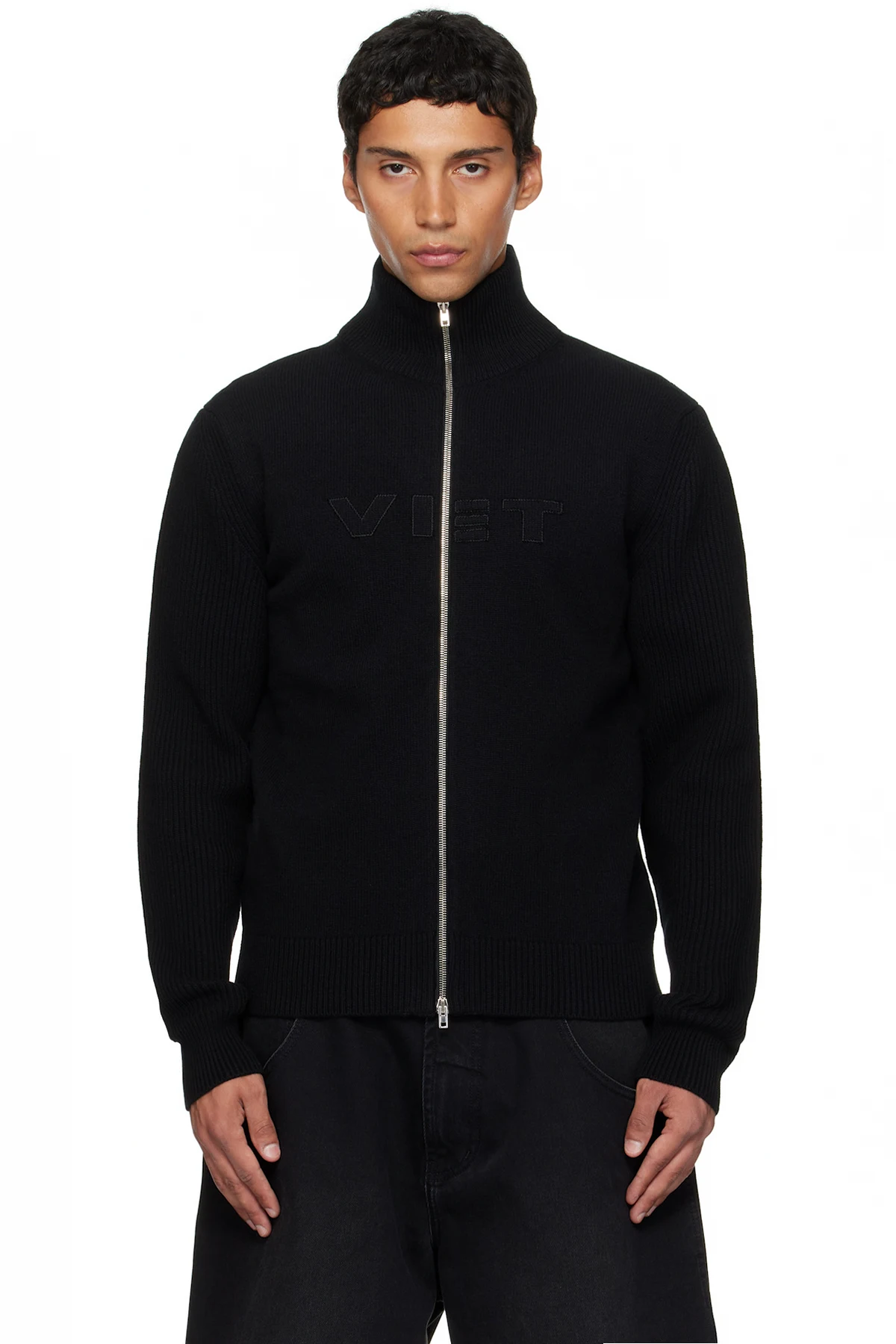 Black 'VET' Zip-Up Sweater