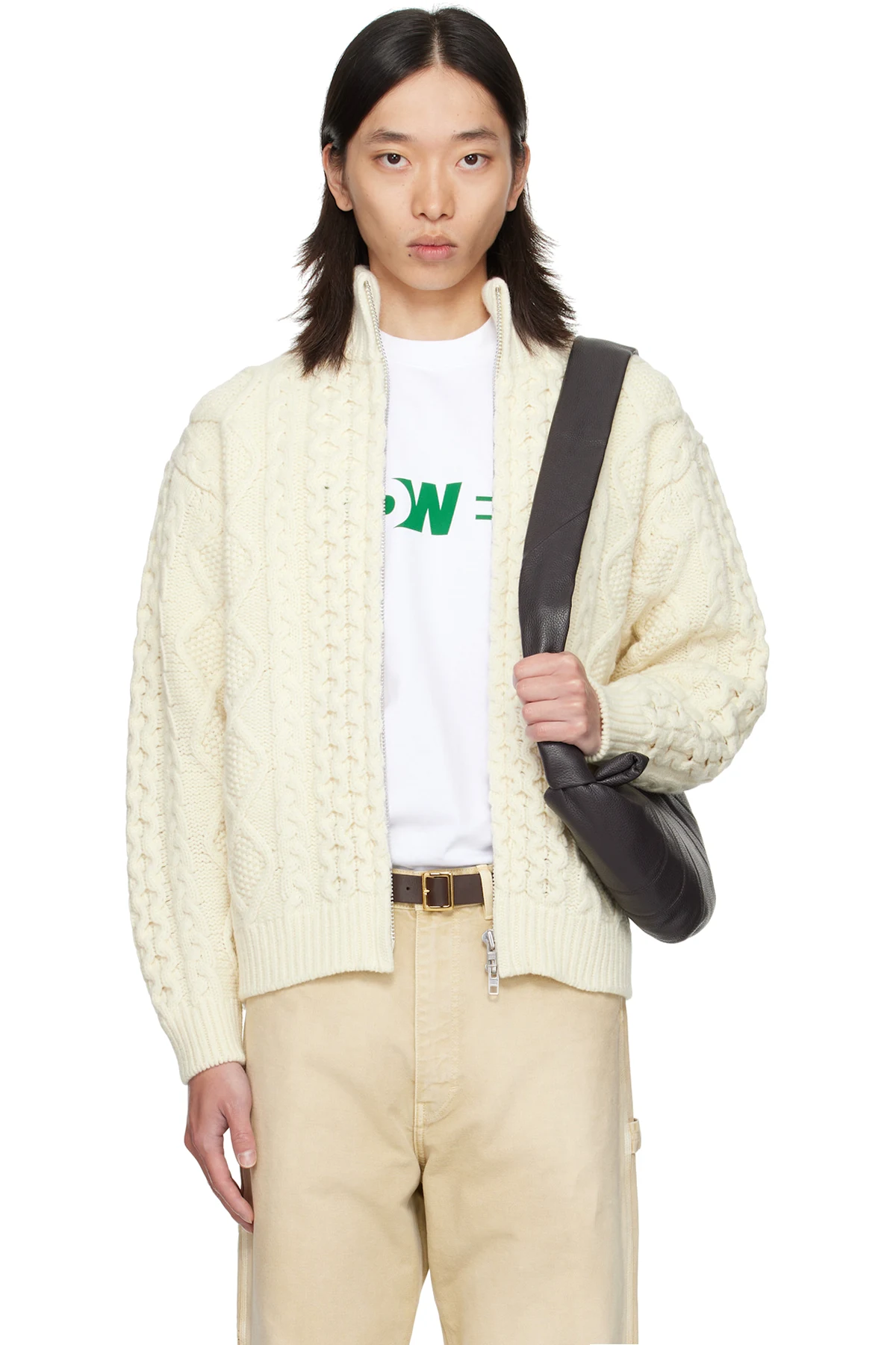 Off-White Cable Knit Zip Up Sweater