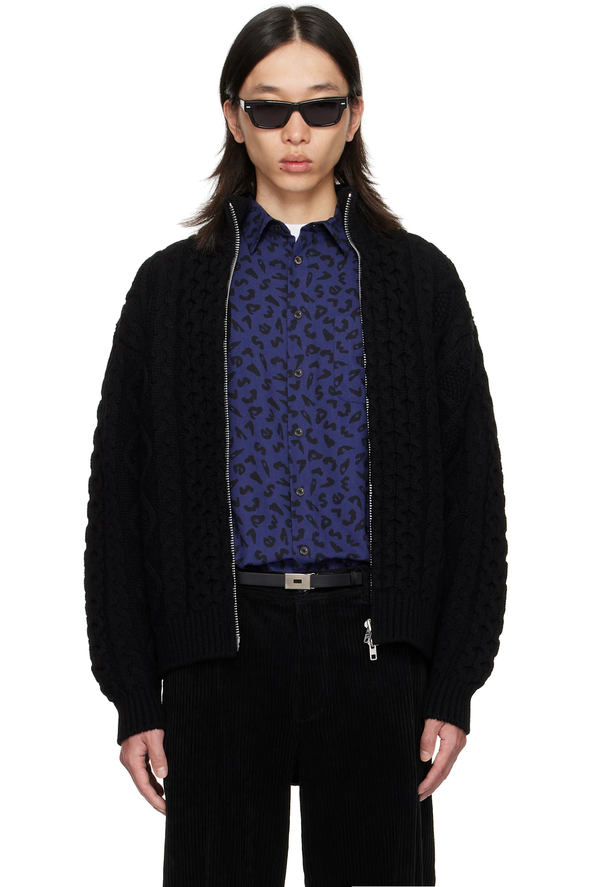 Black Cable Knit Zip Up Sweater