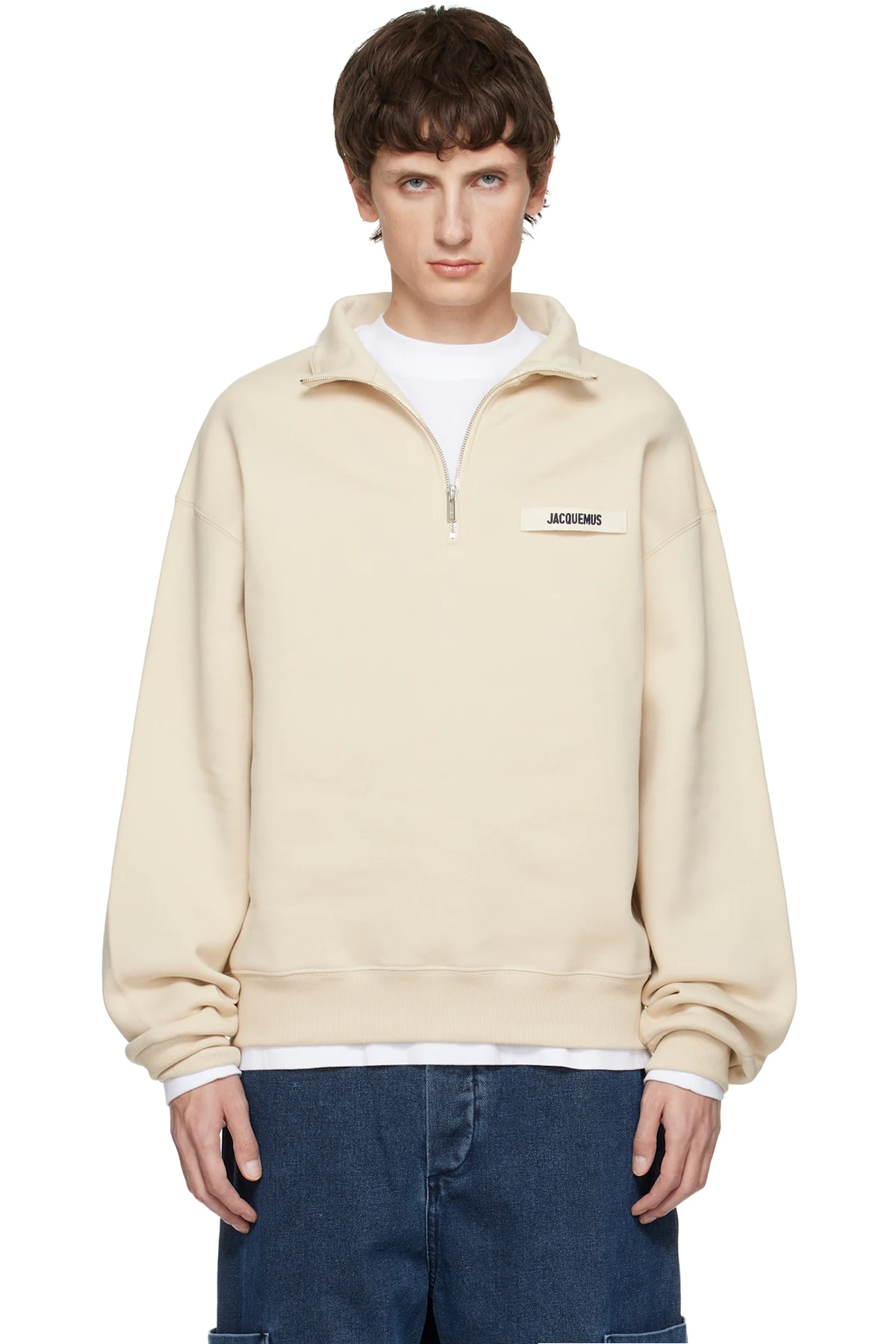Beige 'The Gros Grain' Zipped-Rollneck Sweatshirt