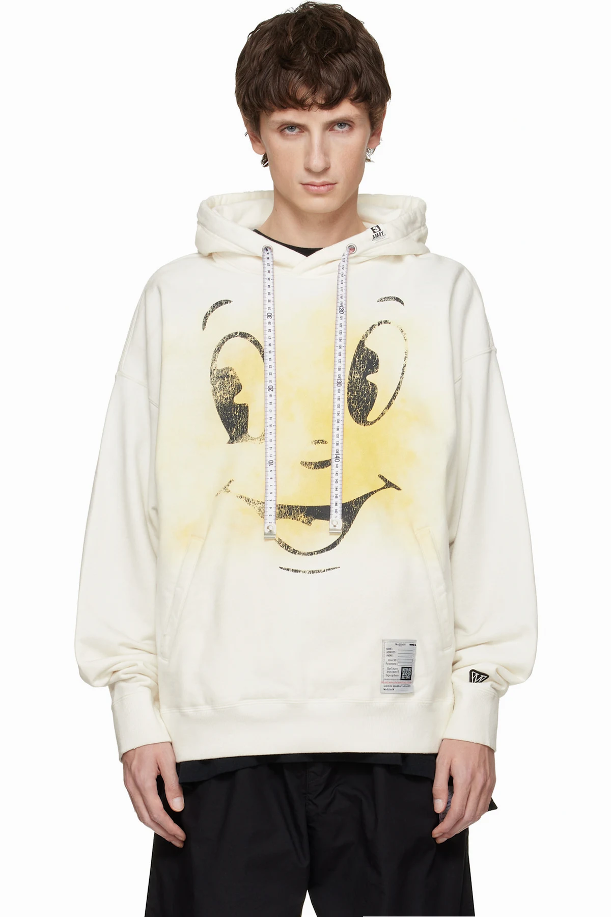White Happy Face Printed Distressed Hoodie