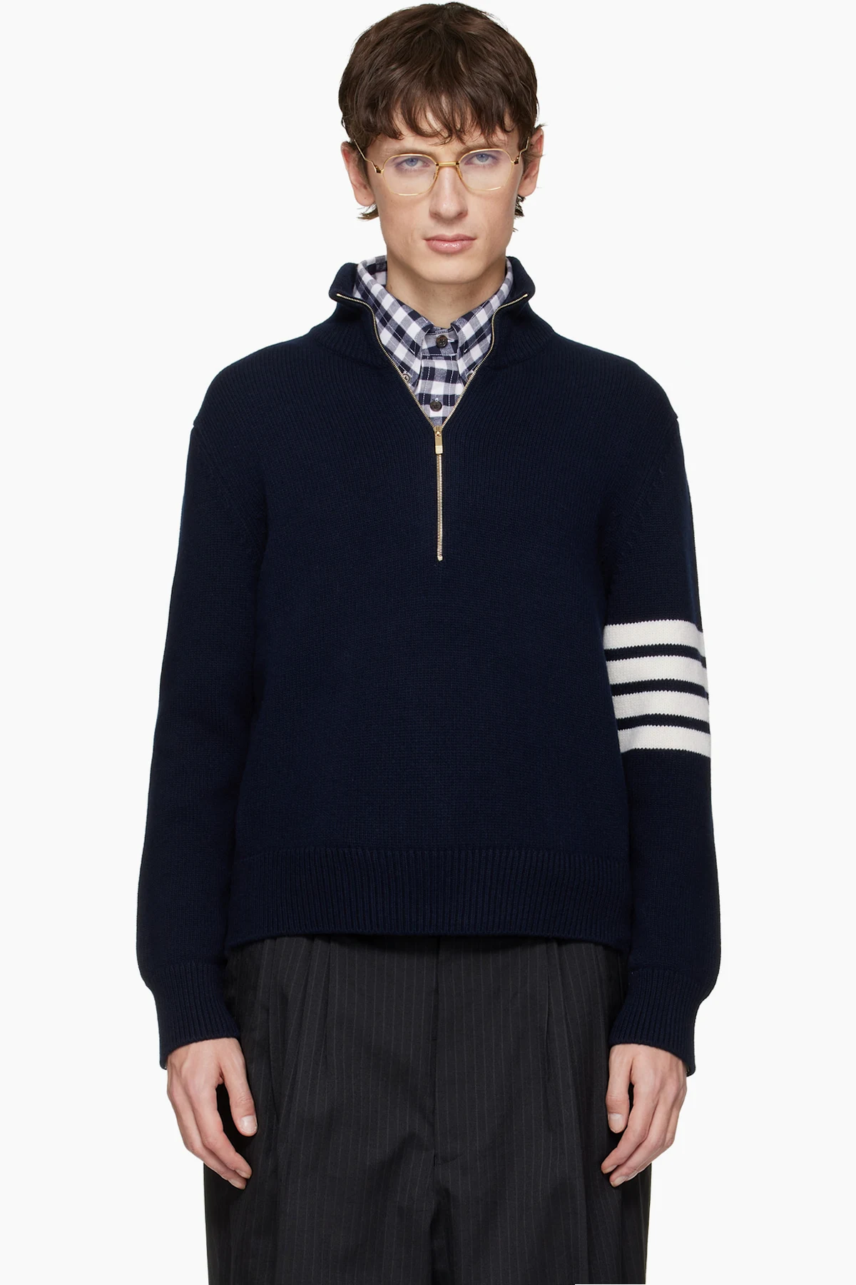 Navy Merino Wool 4-Bar Funnel Neck Sweater