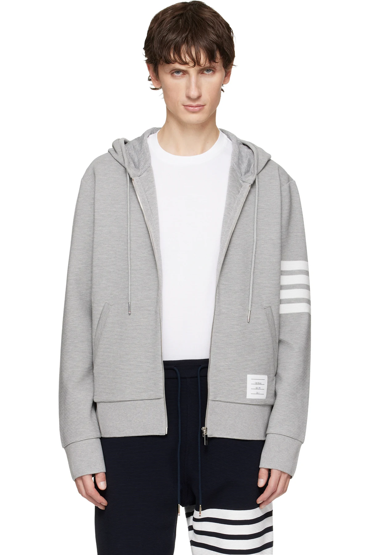 Gray Cotton Ottoman 4-Bar Zip Hoodie