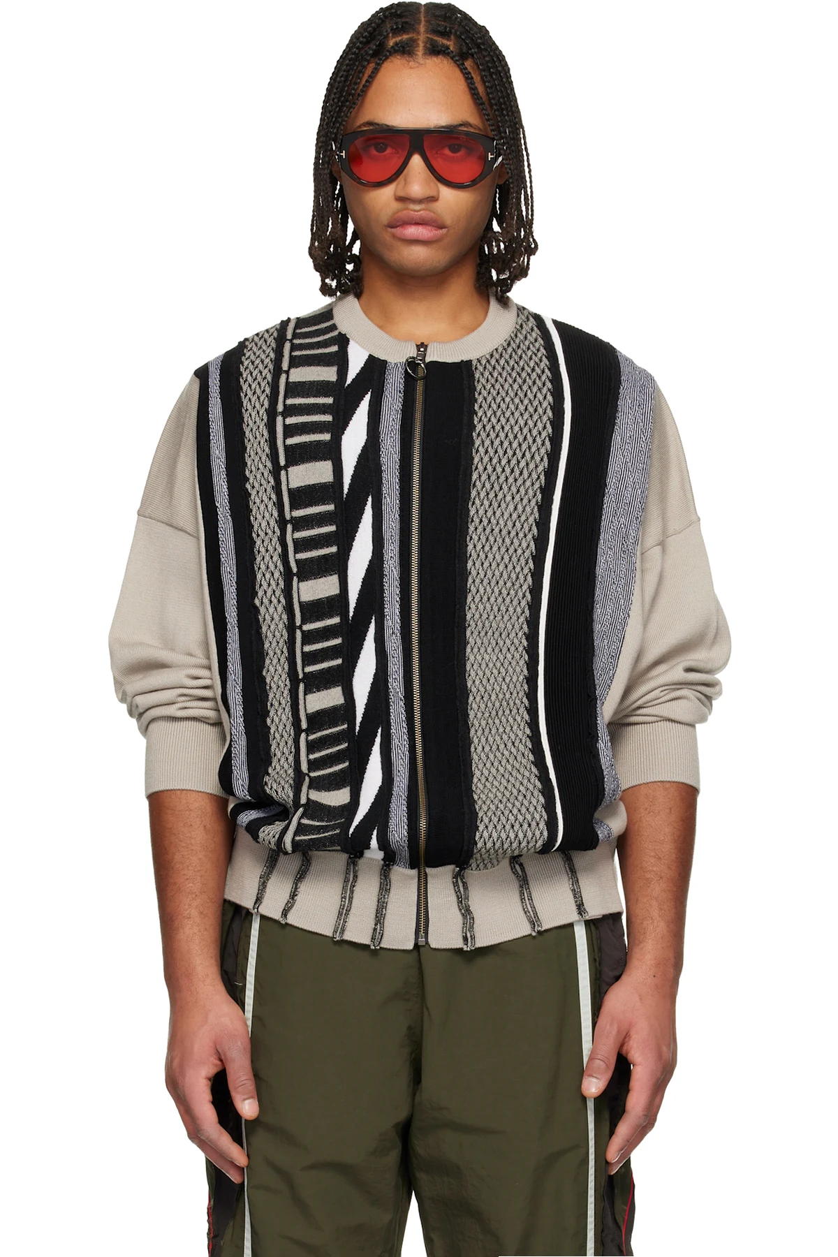 Beige & Black Multi Stripe Zip Up Crew Sweater